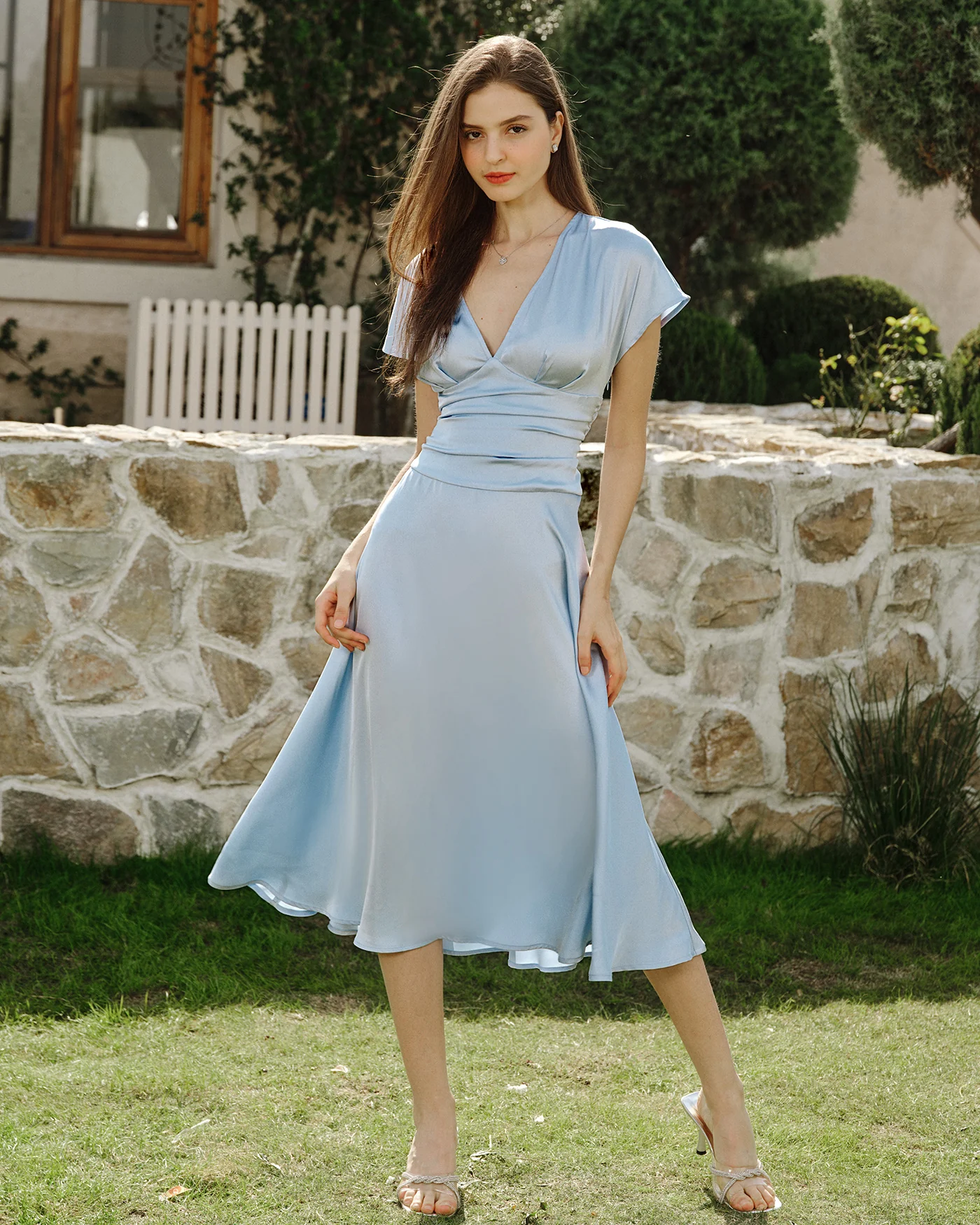 Blue Drop Shoulder Pleated Midi Dress - Image 2