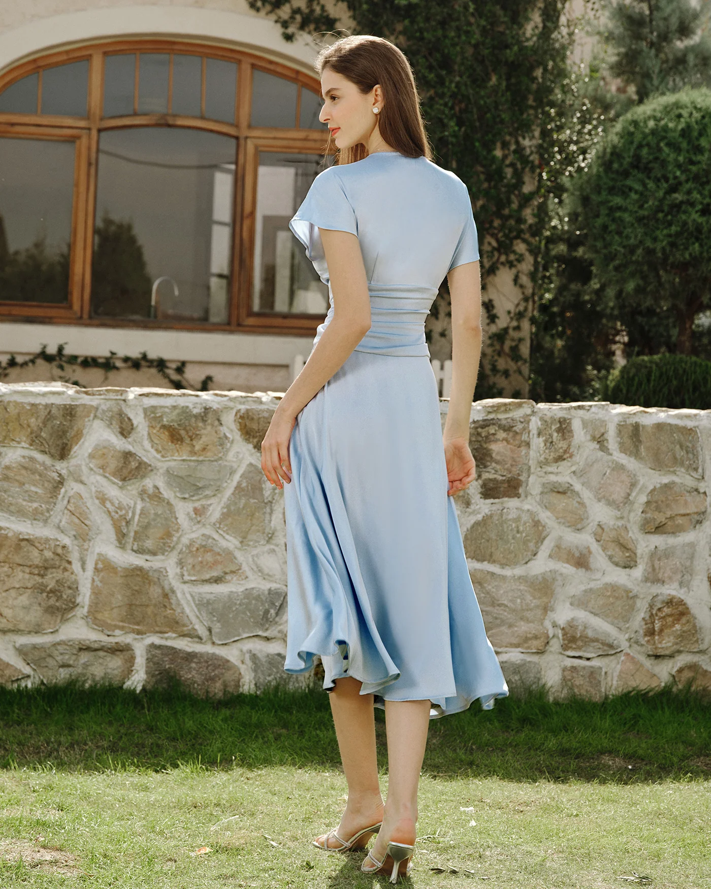 Blue Drop Shoulder Pleated Midi Dress - Image 7