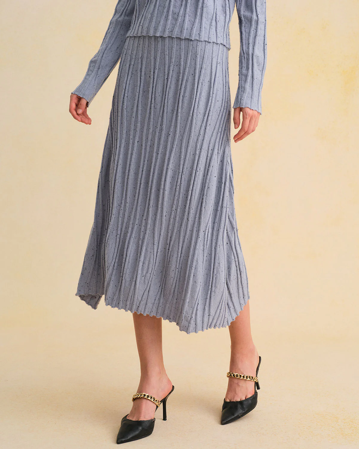 Blue Elastic Waist A-Line Midi Skirt - Image 2