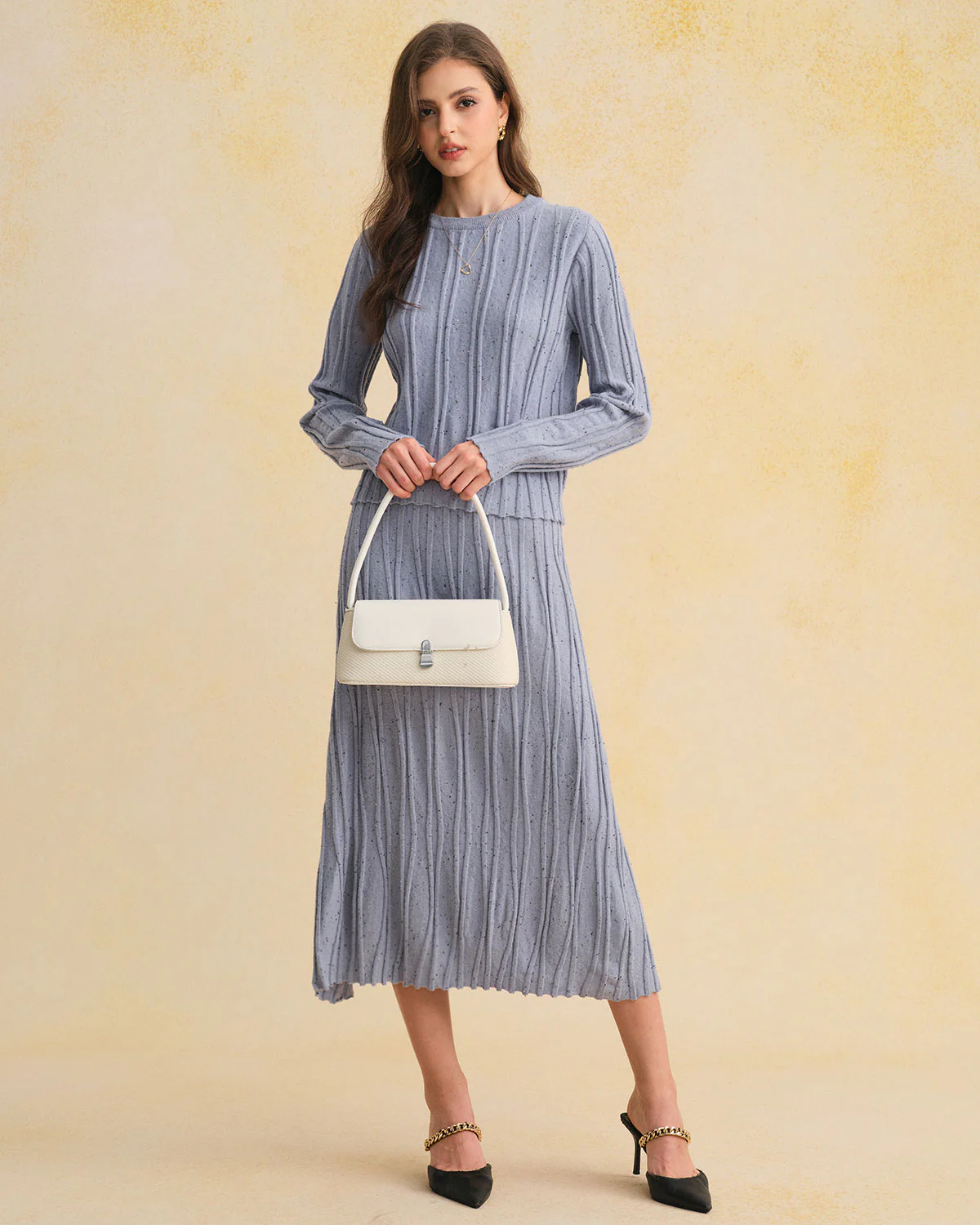 Blue Elastic Waist A-Line Midi Skirt - Image 3