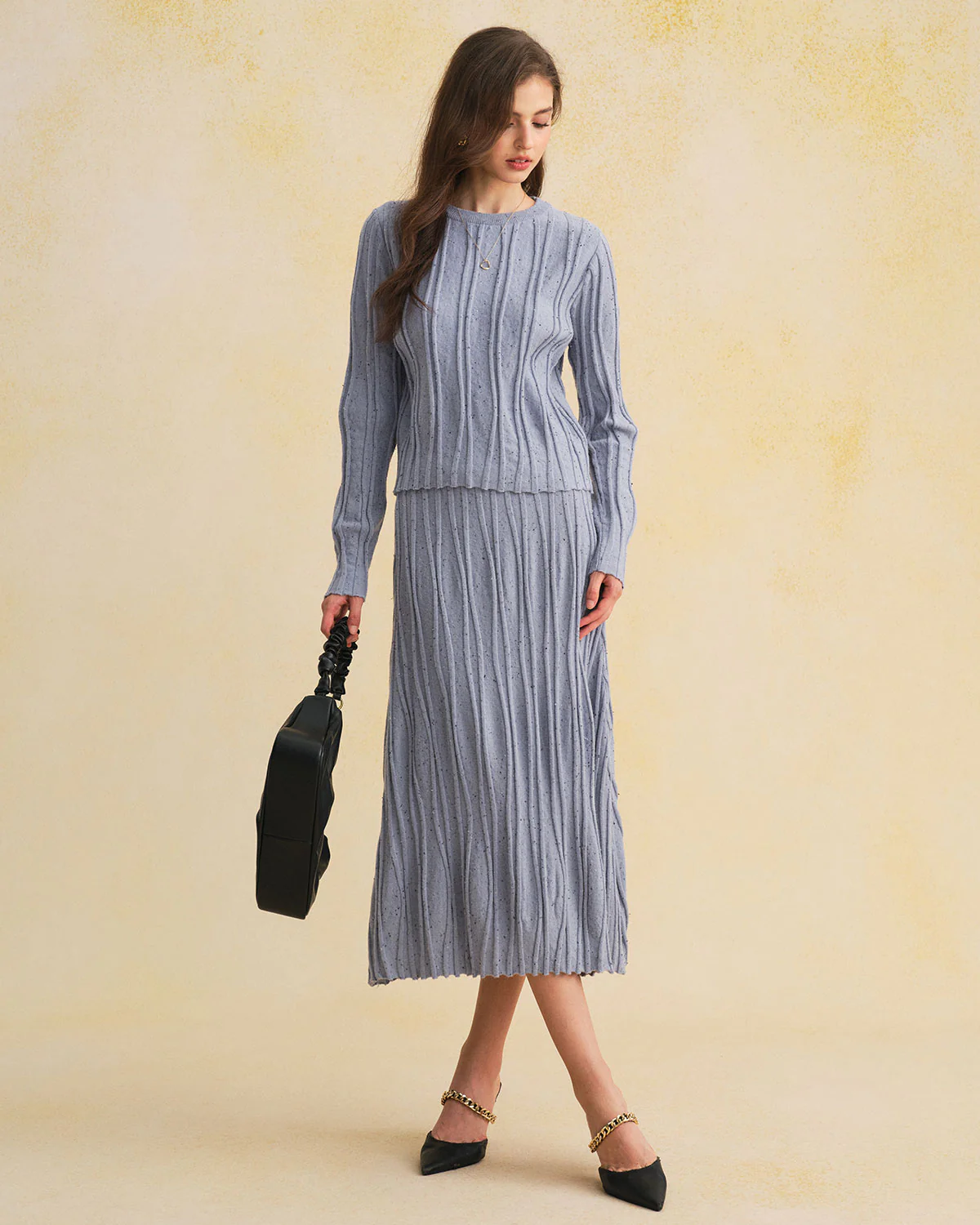 Blue Elastic Waist A-Line Midi Skirt - Image 4