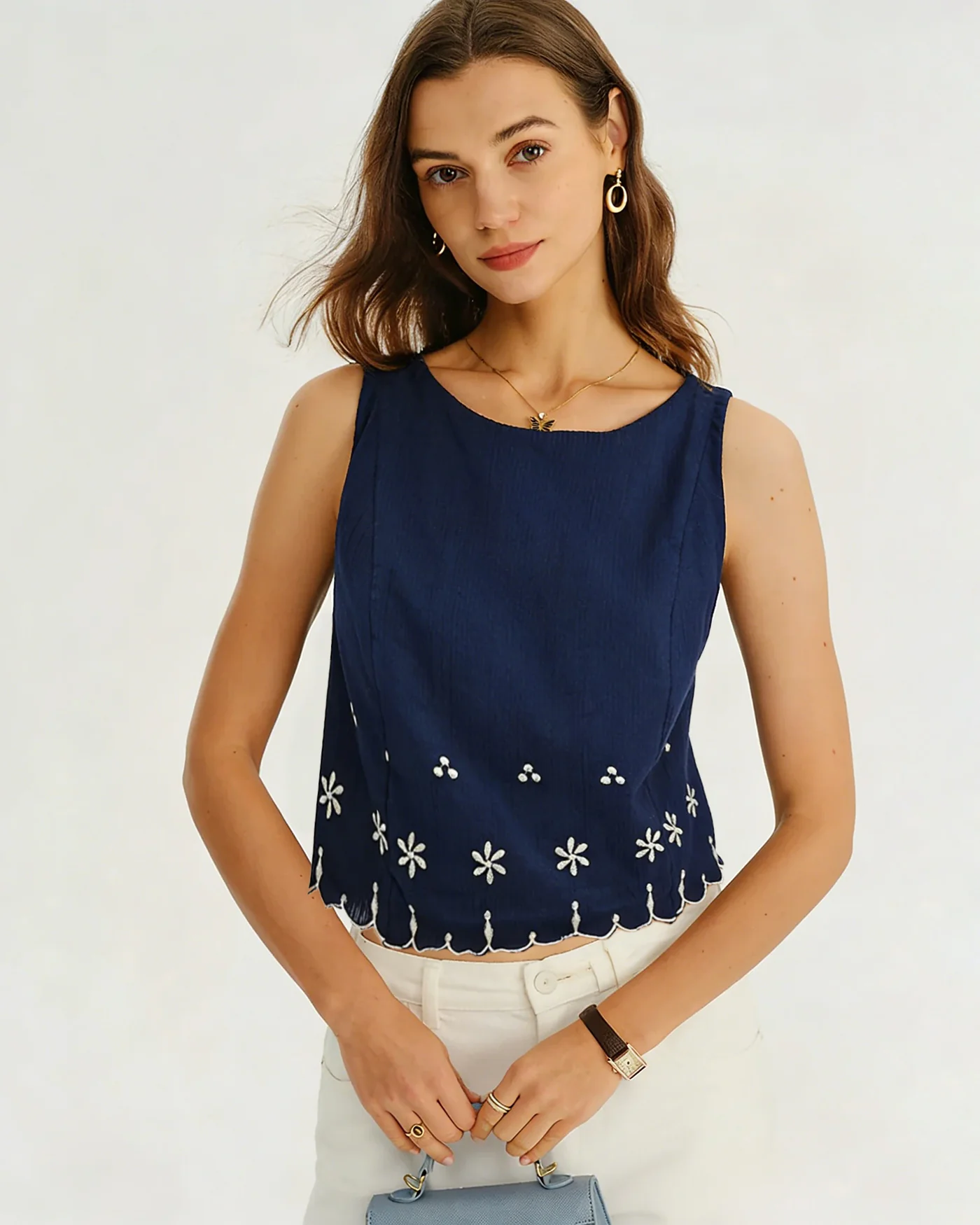 Blue Embroidery Contrasting Tank Top - Image 4
