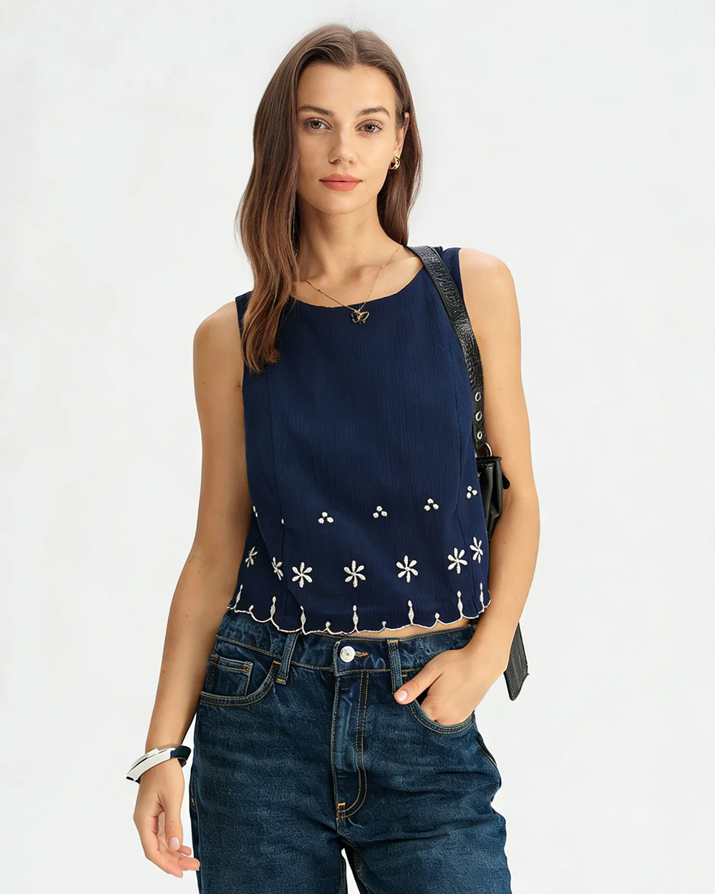 Blue Embroidery Contrasting Tank Top - Image 5