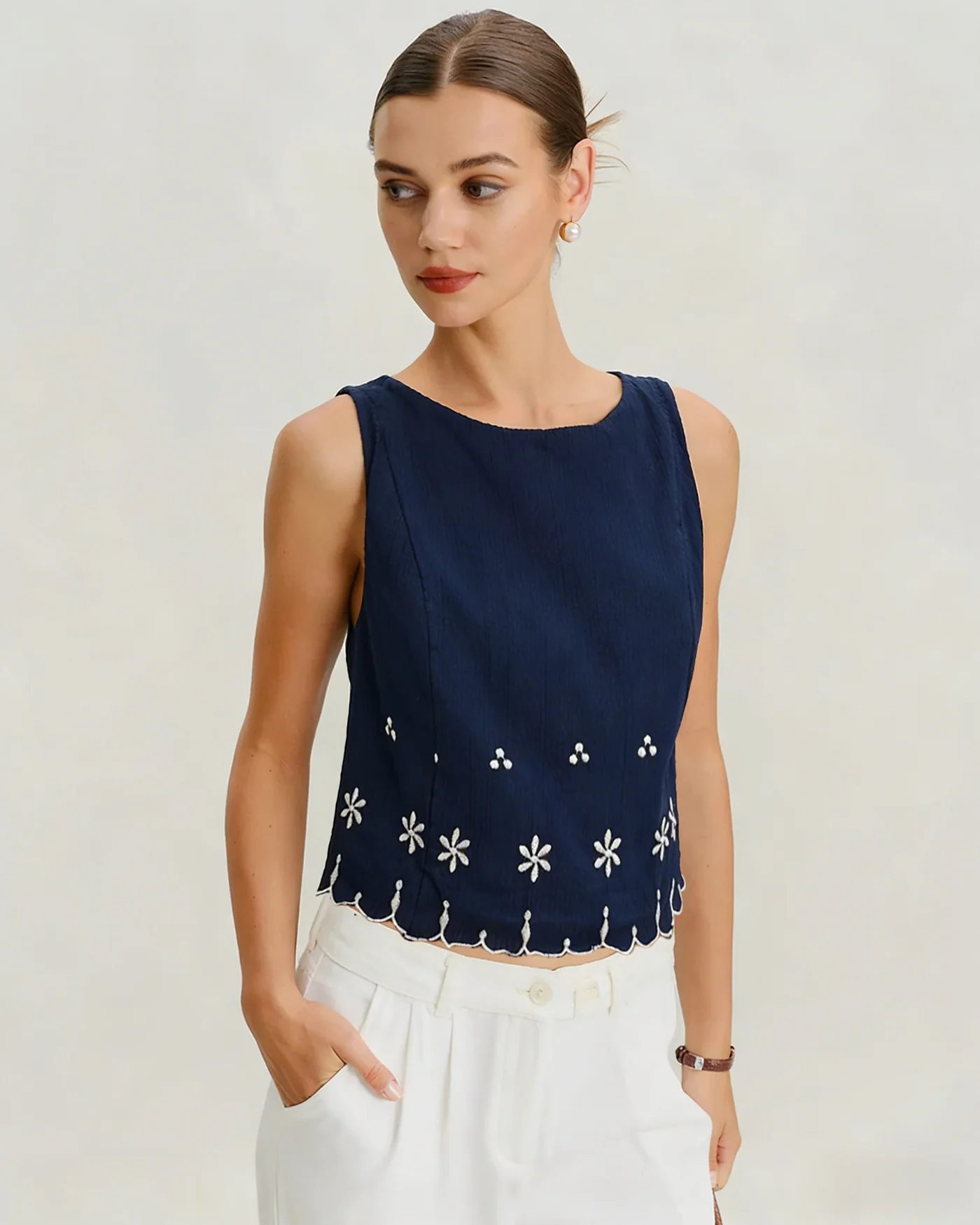 Blue Embroidery Contrasting Tank Top - Image 6