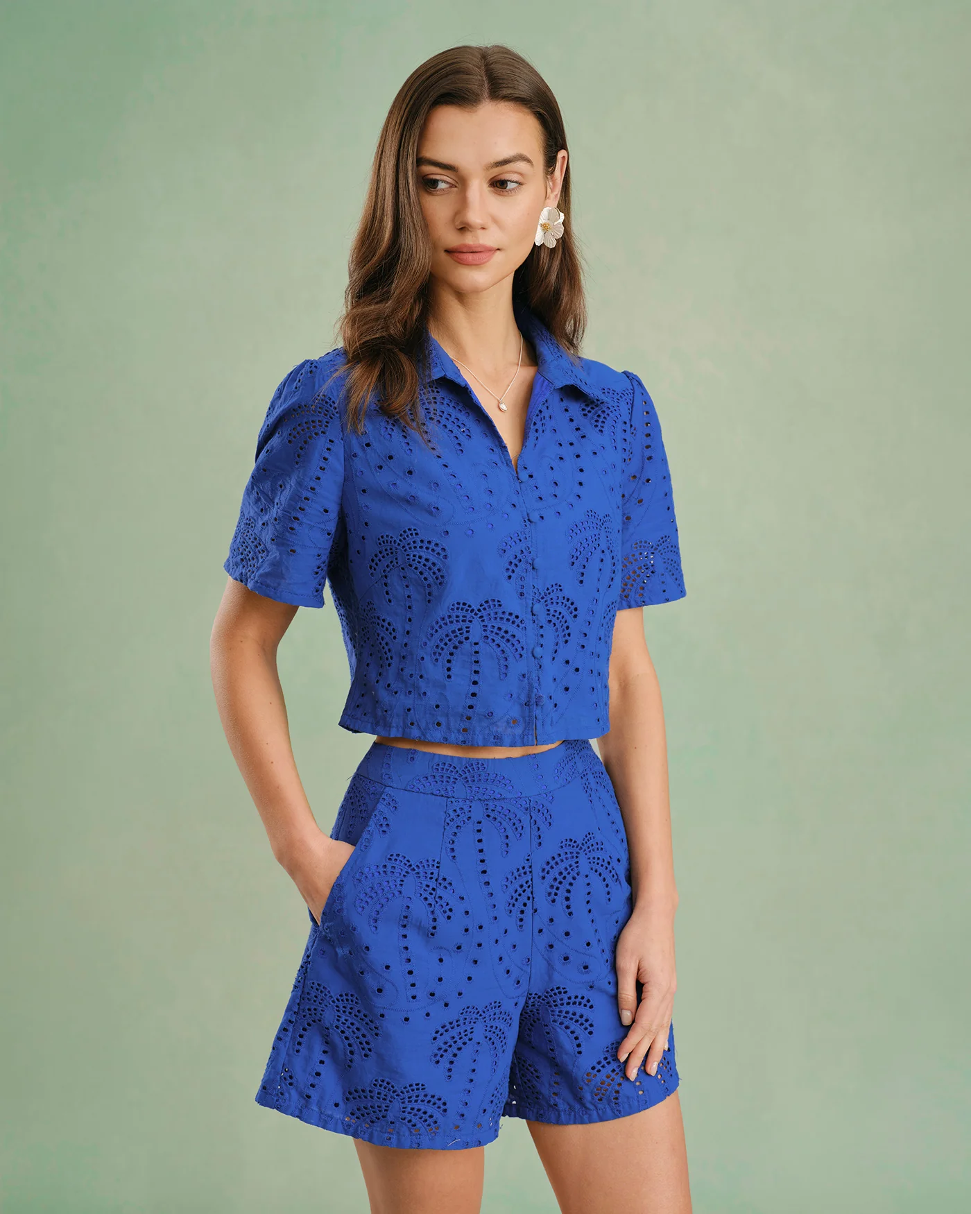 Blue Embroidery Cotton Shorts - Image 2