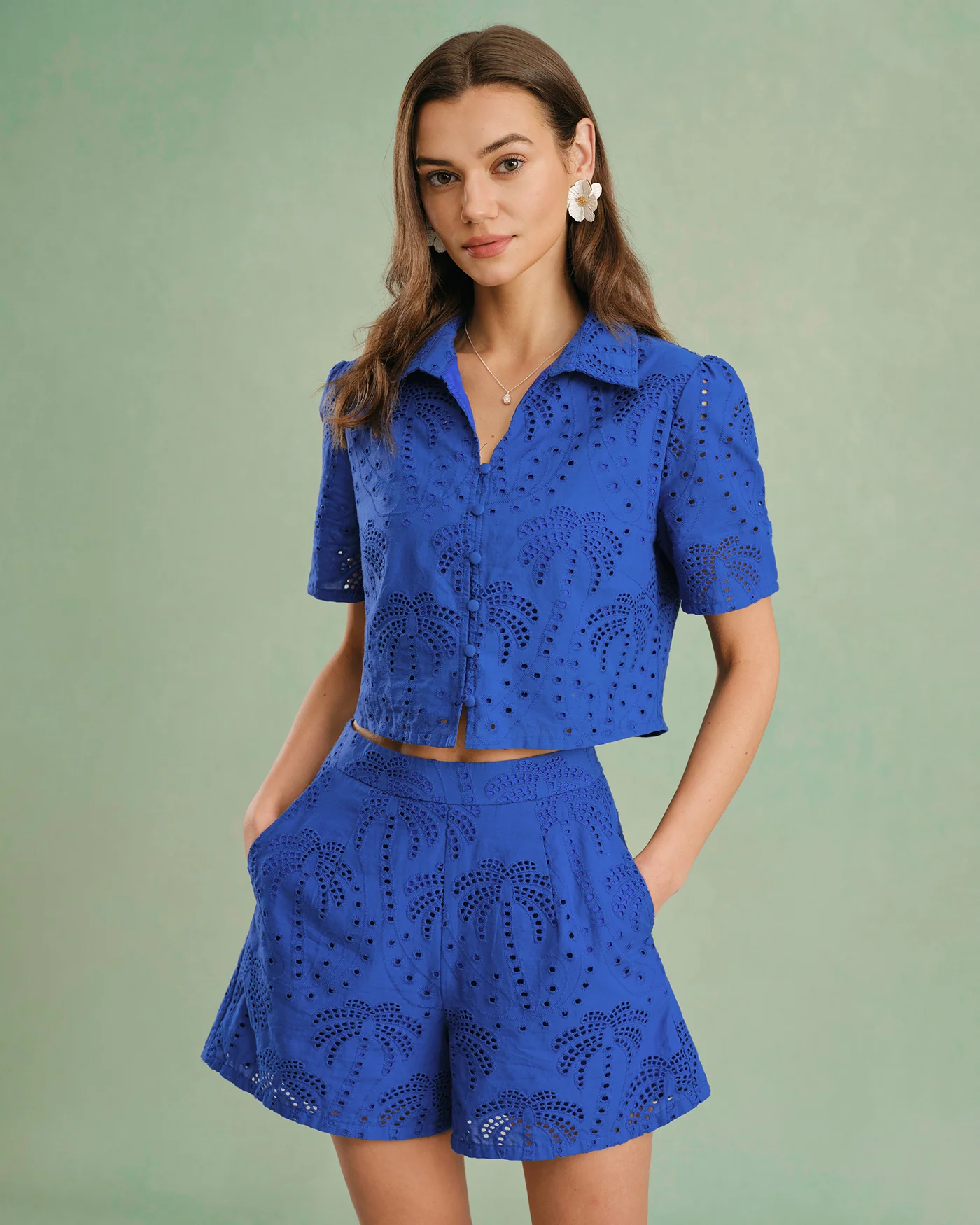 Blue Embroidery Cotton Shorts - Image 3