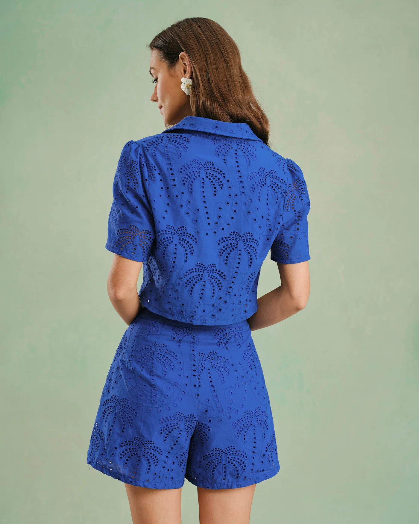 Blue Embroidery Cotton Shorts - Image 4