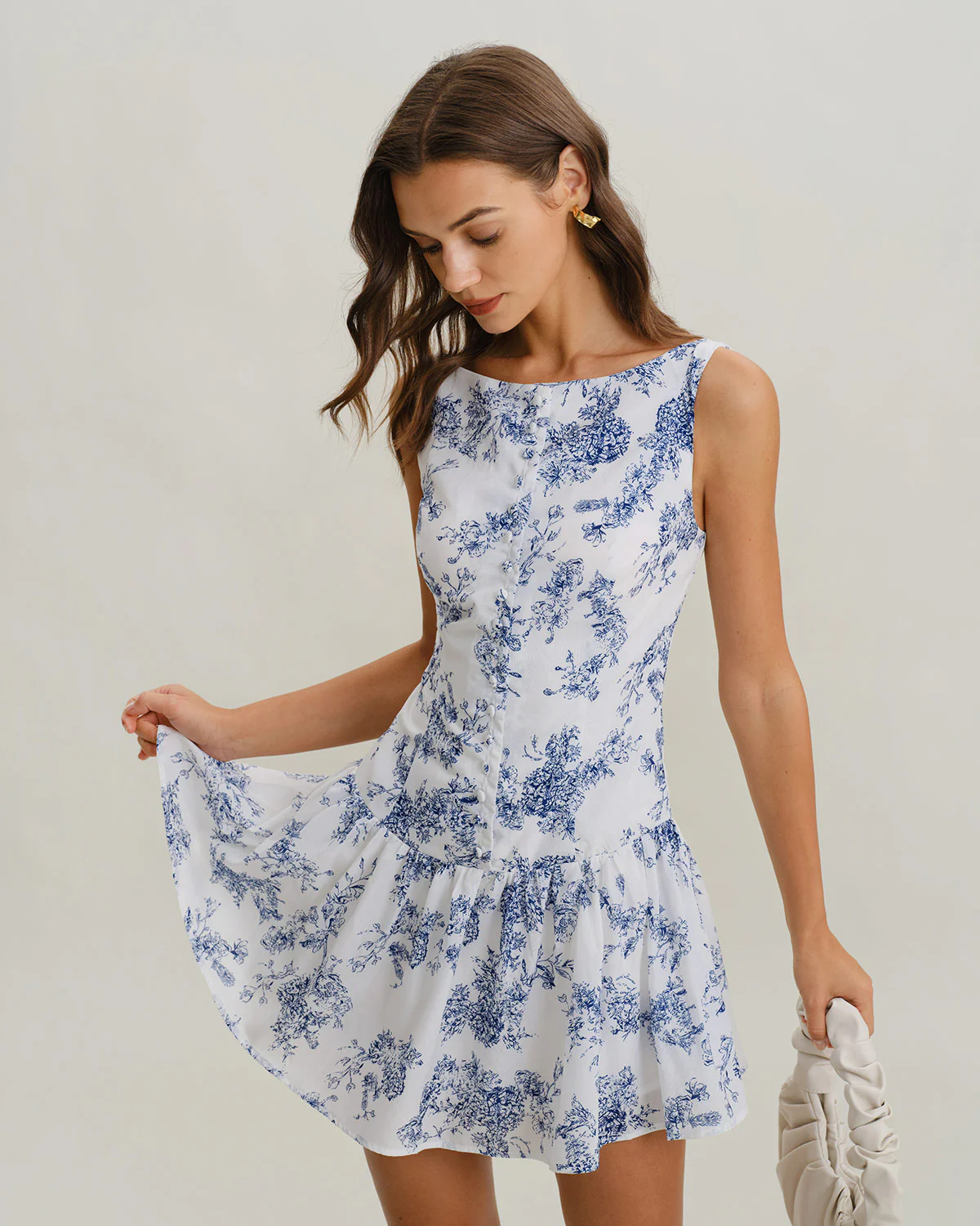 Blue Floral Boat Neck Sleeveless Mini Dress - Image 4