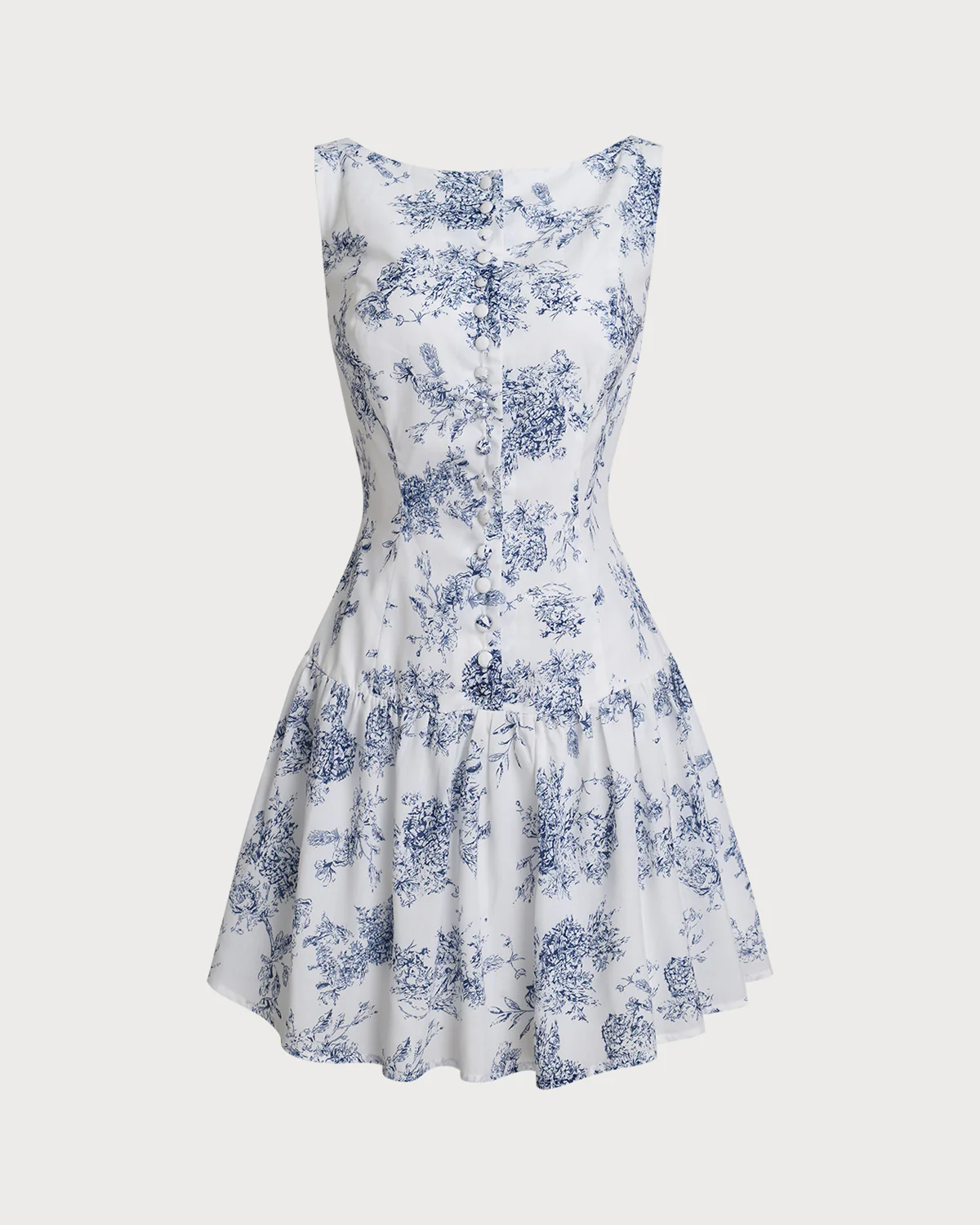 Blue Floral Boat Neck Sleeveless Mini Dress - Image 6