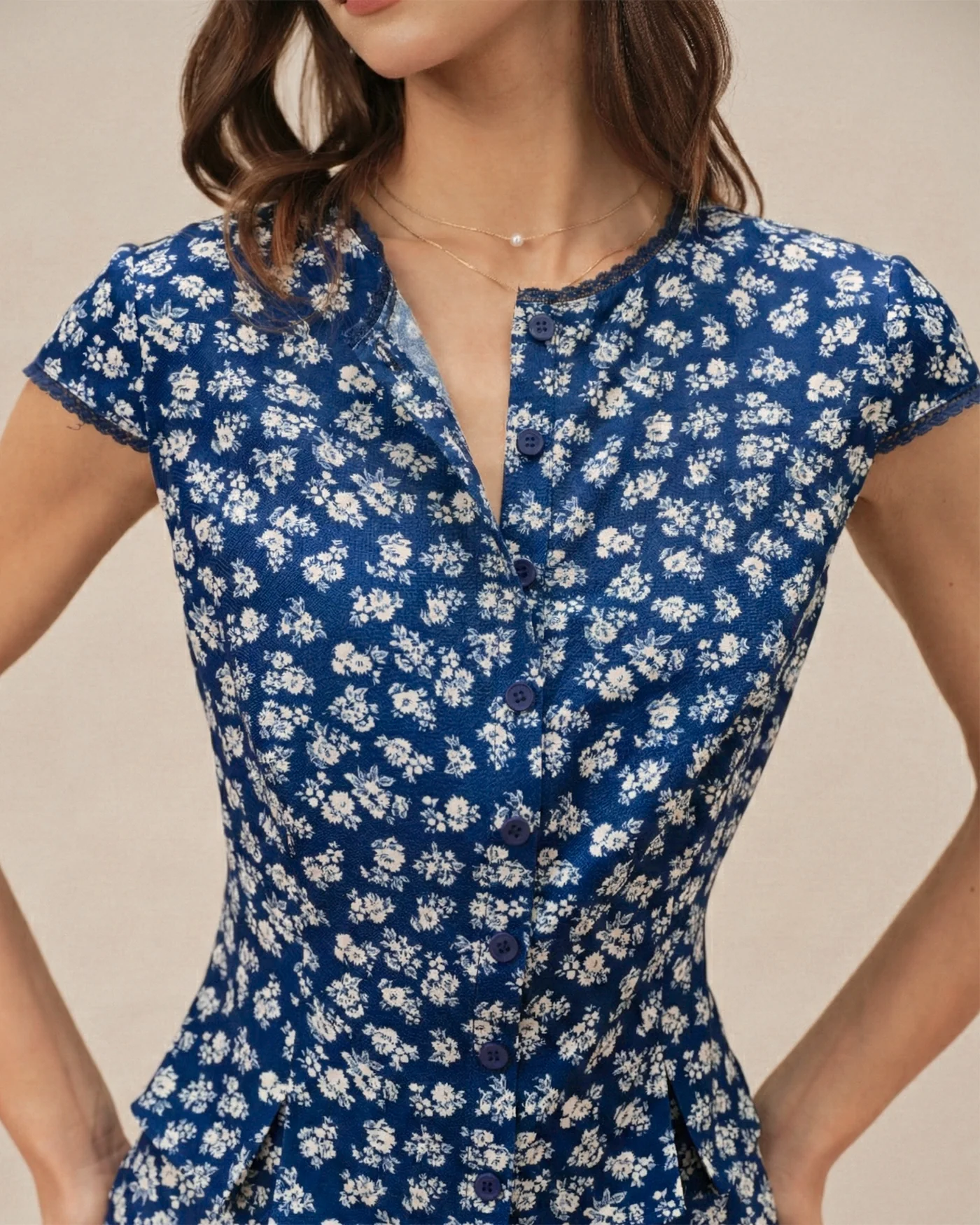 Blue Floral Cap Sleeve Button Blouse - Image 2