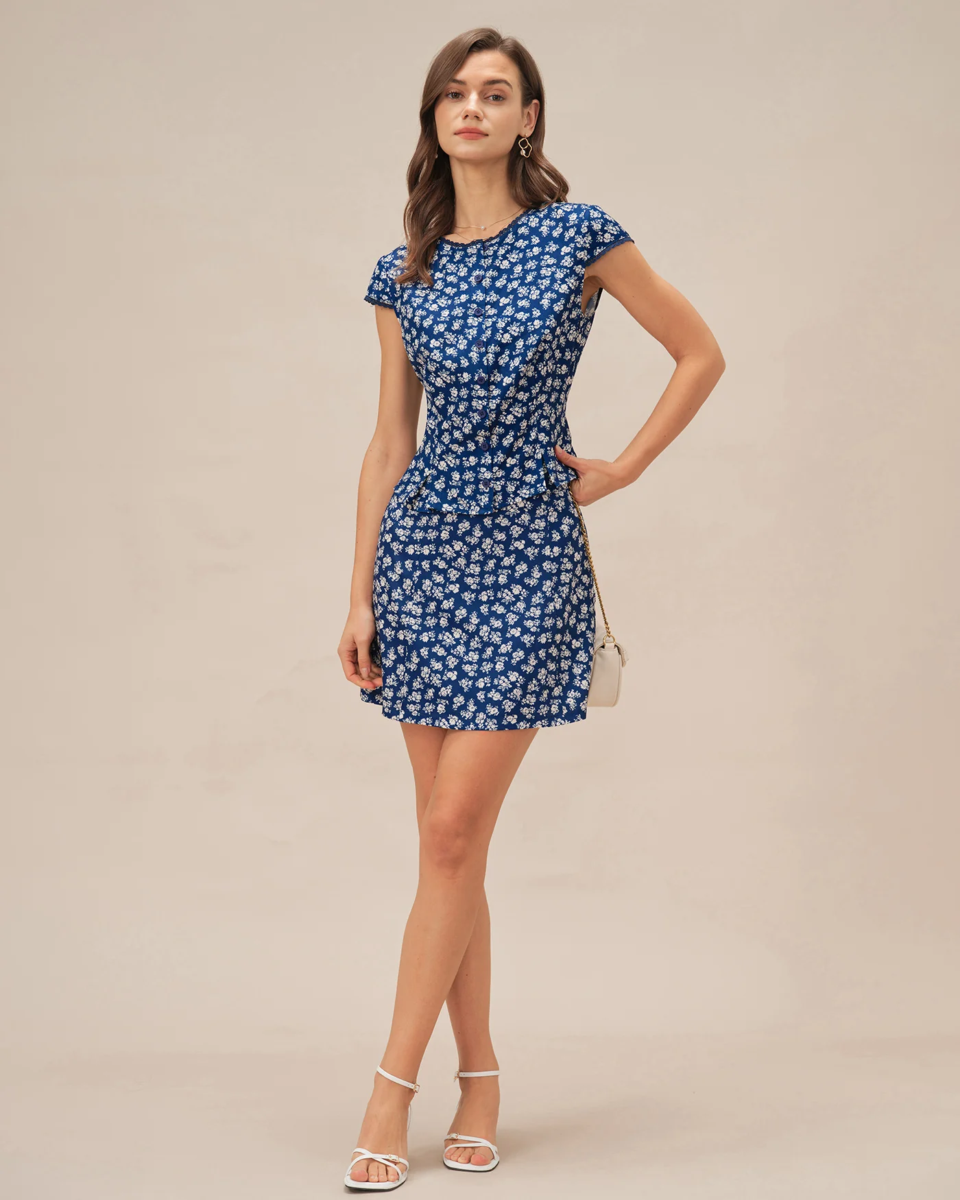 Blue Floral Cap Sleeve Button Blouse - Image 6