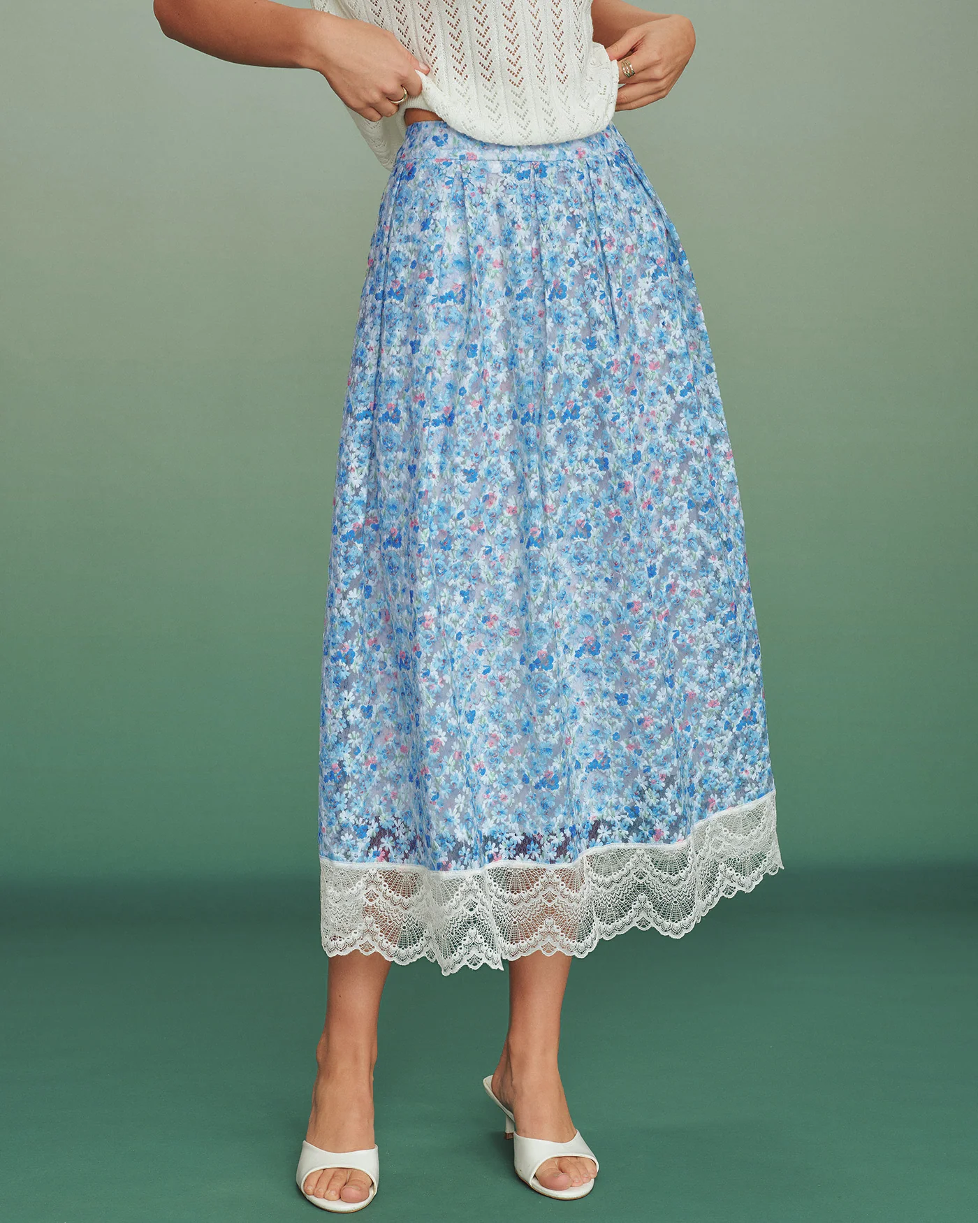 Blue Floral Lace A-Line Skirt - Image 2