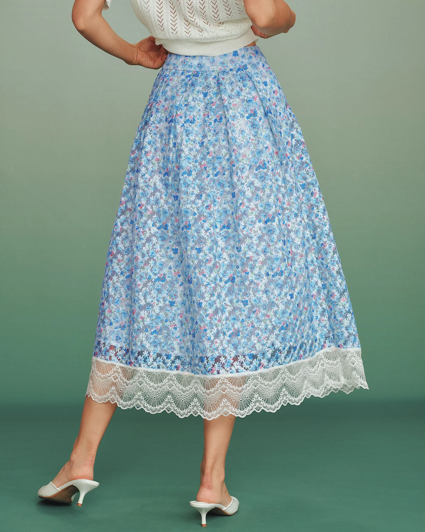 Blue Floral Lace A-Line Skirt - Image 4