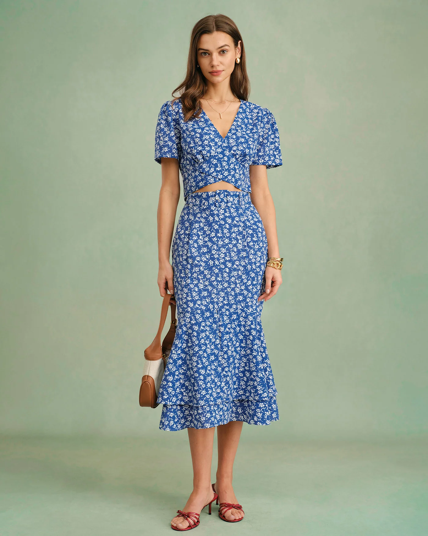 Blue Floral Mermaid Midi Skirt - Image 3