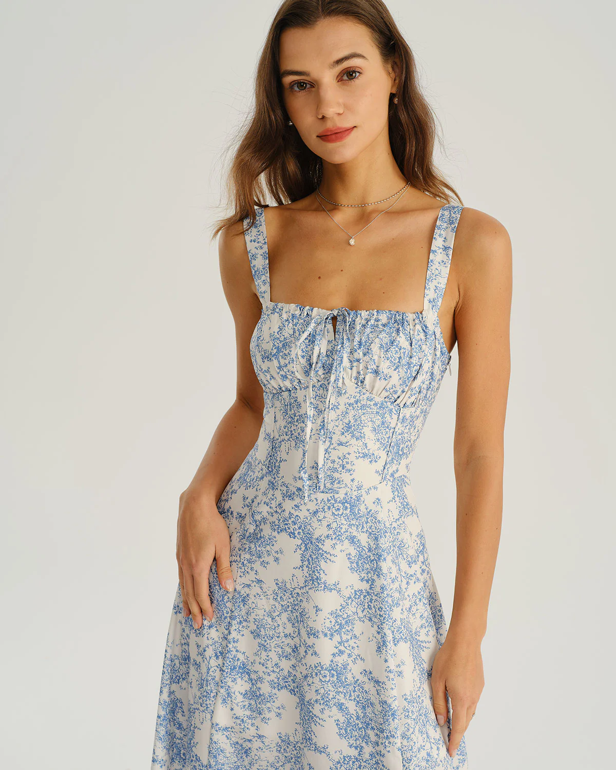 Blue Floral Ruched Slip Midi Dress - Image 3