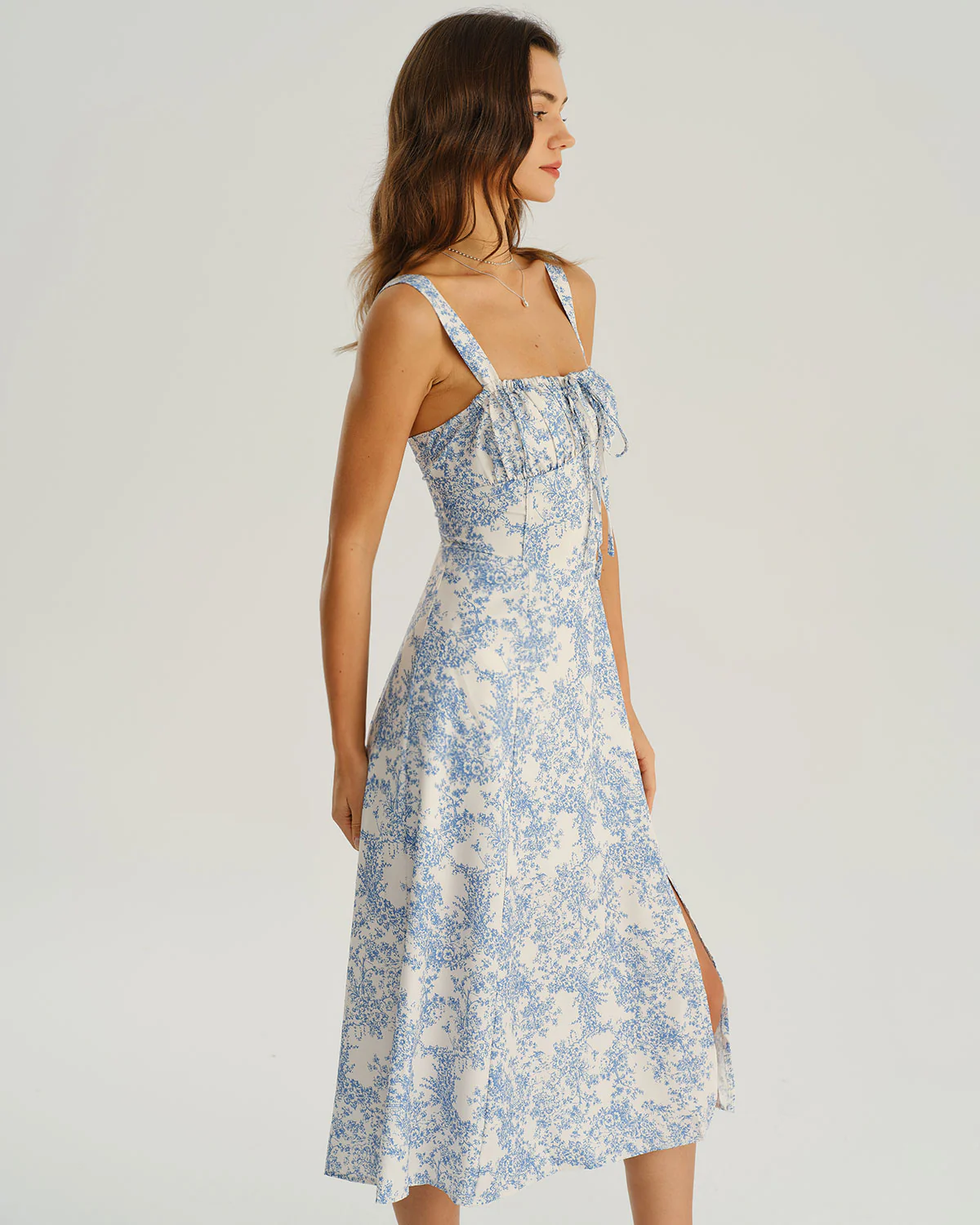 Blue Floral Ruched Slip Midi Dress - Image 4