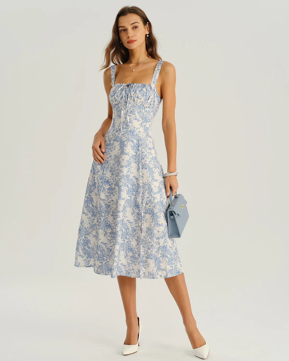 Blue Floral Ruched Slip Midi Dress - Image 5