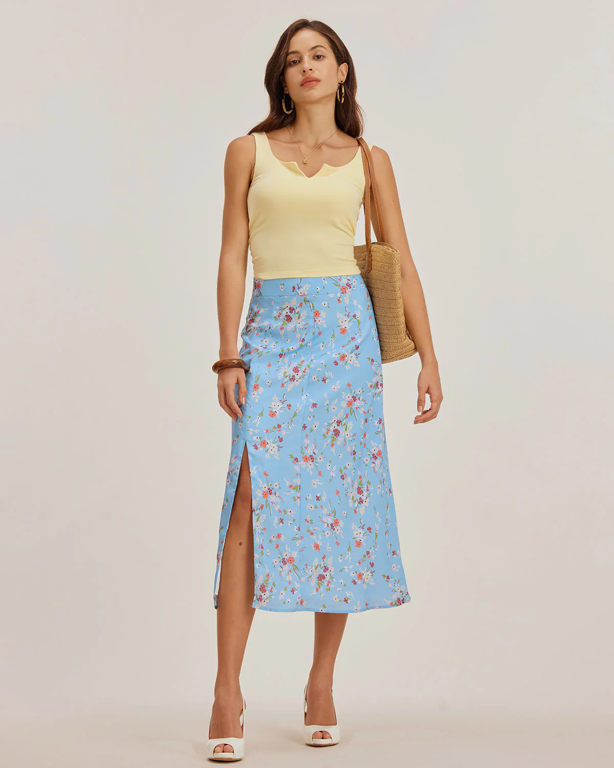Blue Floral Slit A-Line Midi Skirt - Image 3