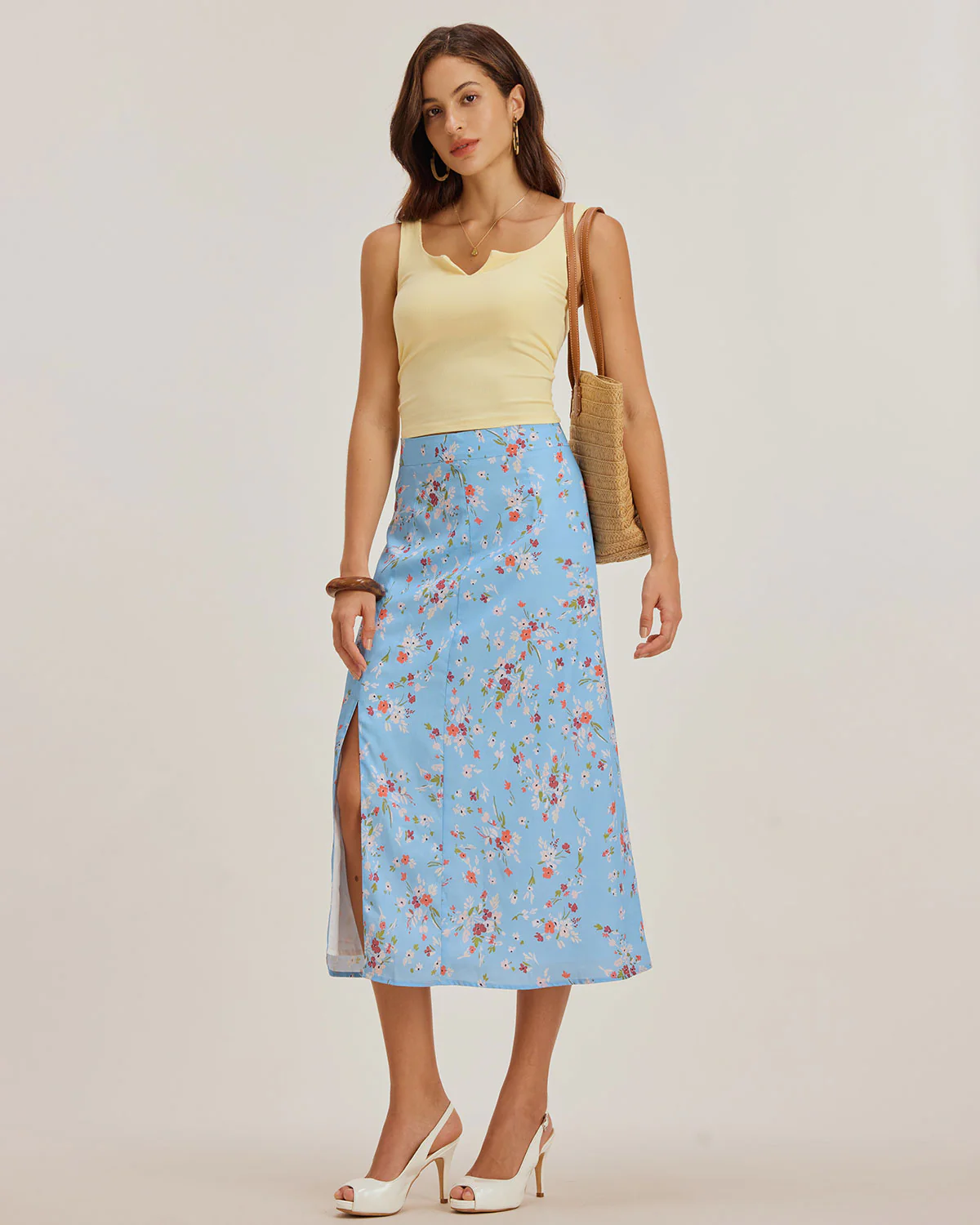 Blue Floral Slit A-Line Midi Skirt - Image 4