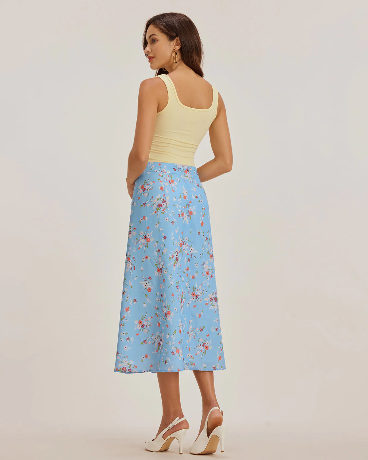 Blue Floral Slit A-Line Midi Skirt - Image 5