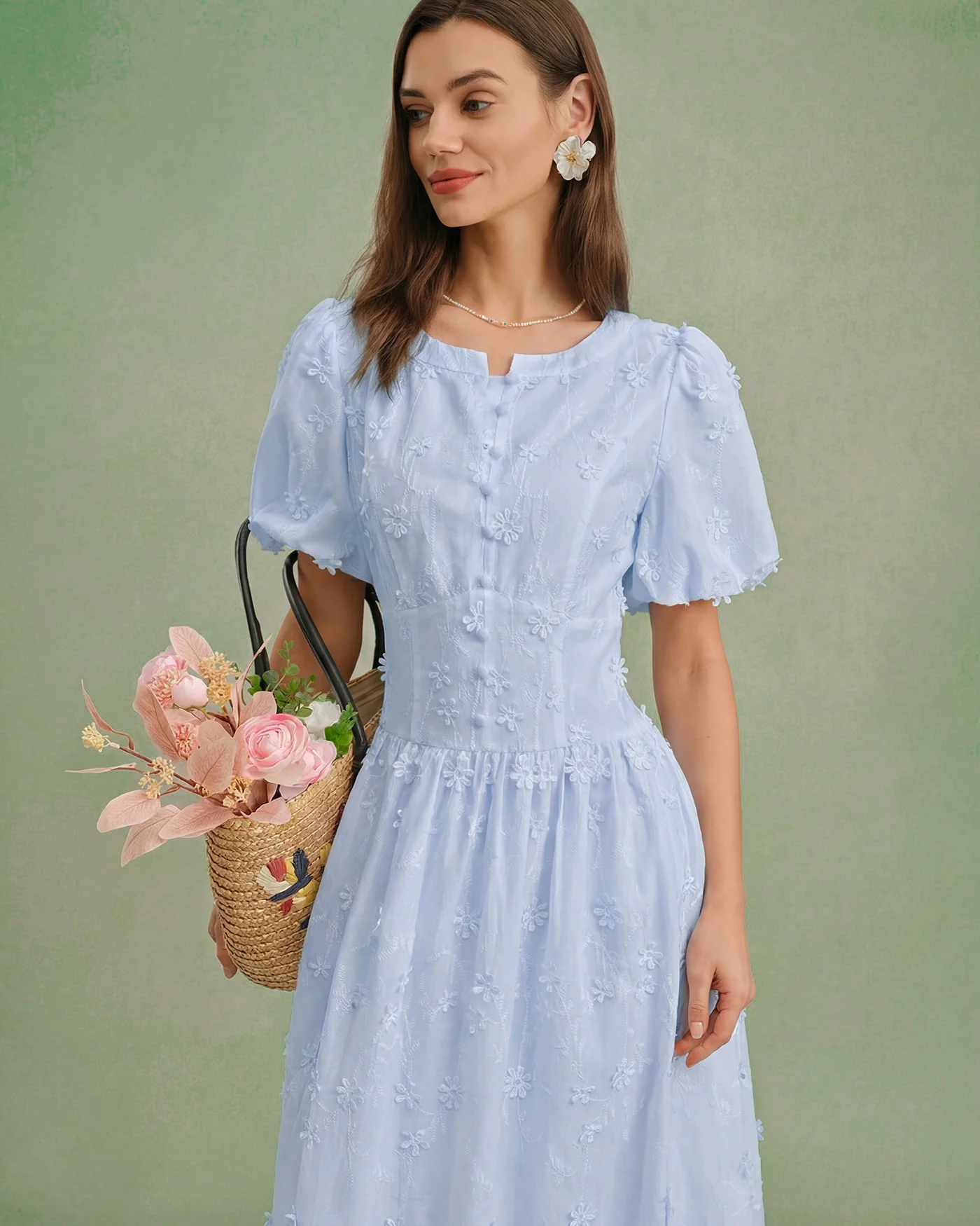 Blue Floral Textured Midi Dress - Image 2