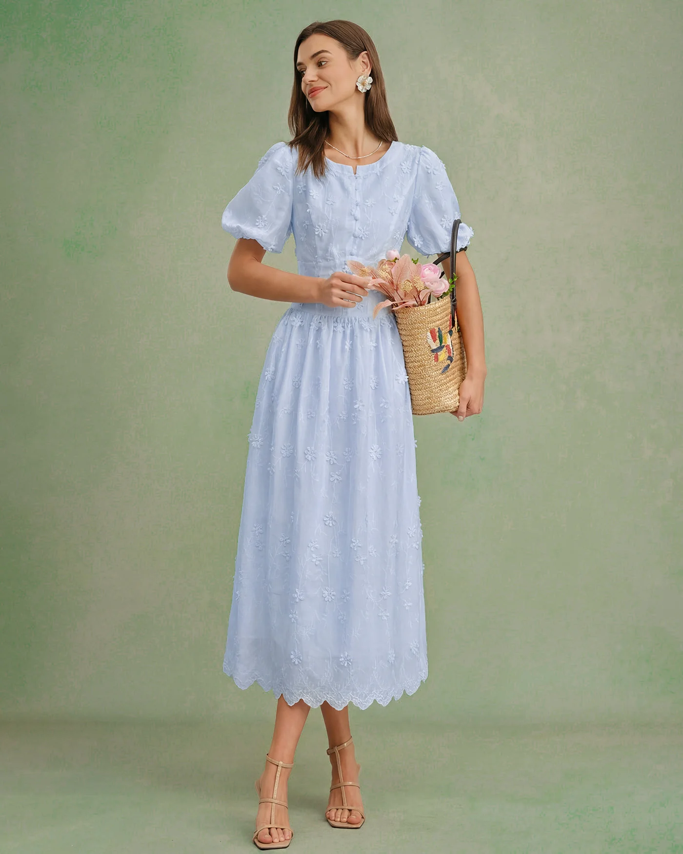 Blue Floral Textured Midi Dress - Image 4