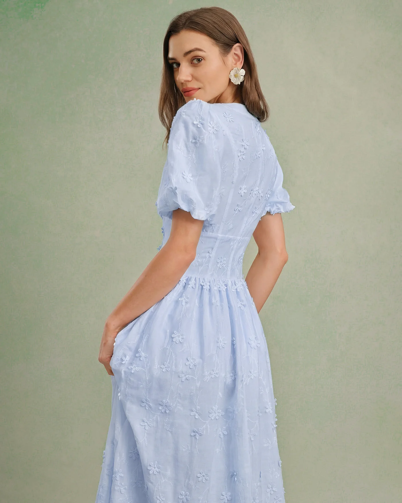 Blue Floral Textured Midi Dress - Image 5