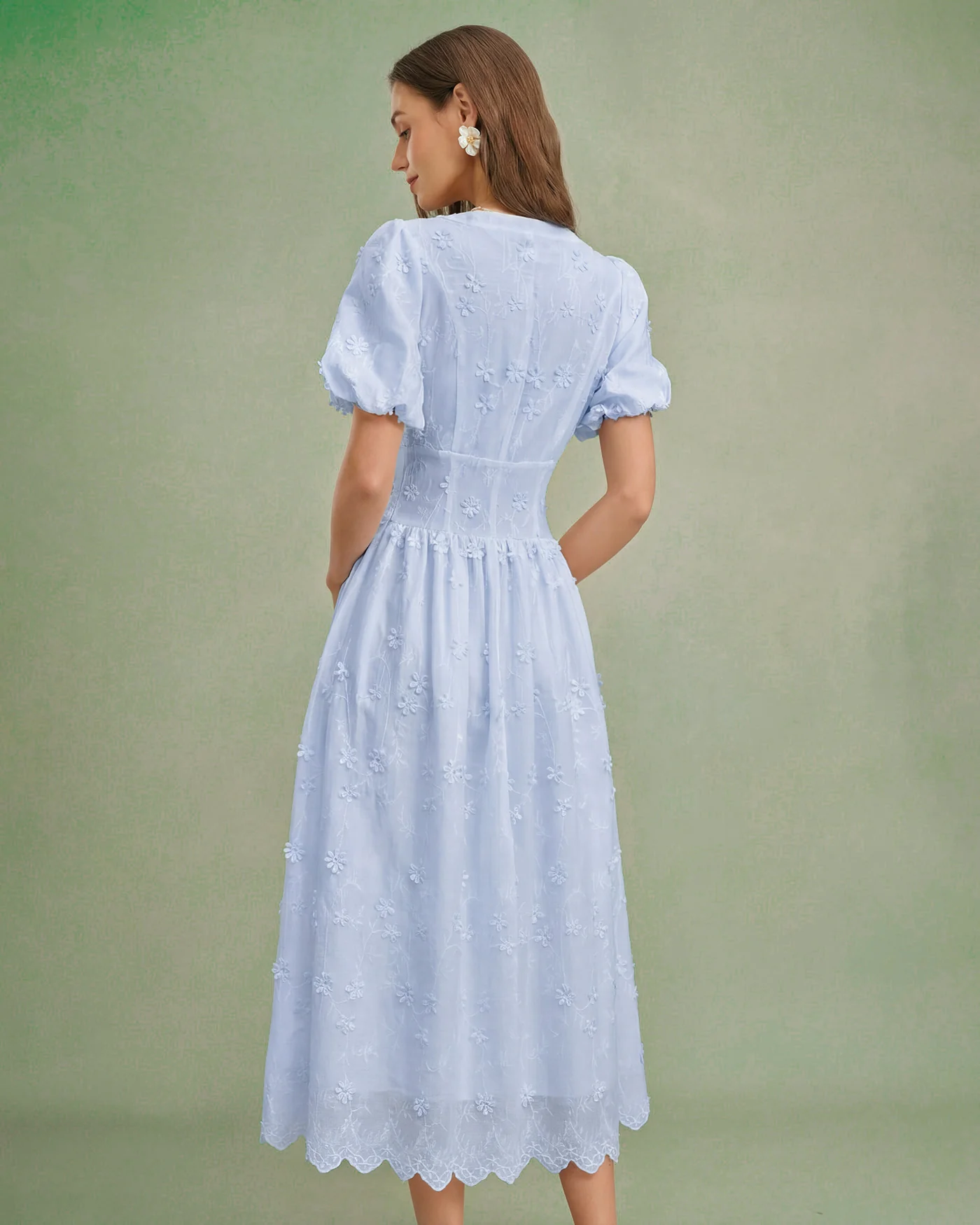 Blue Floral Textured Midi Dress - Image 6