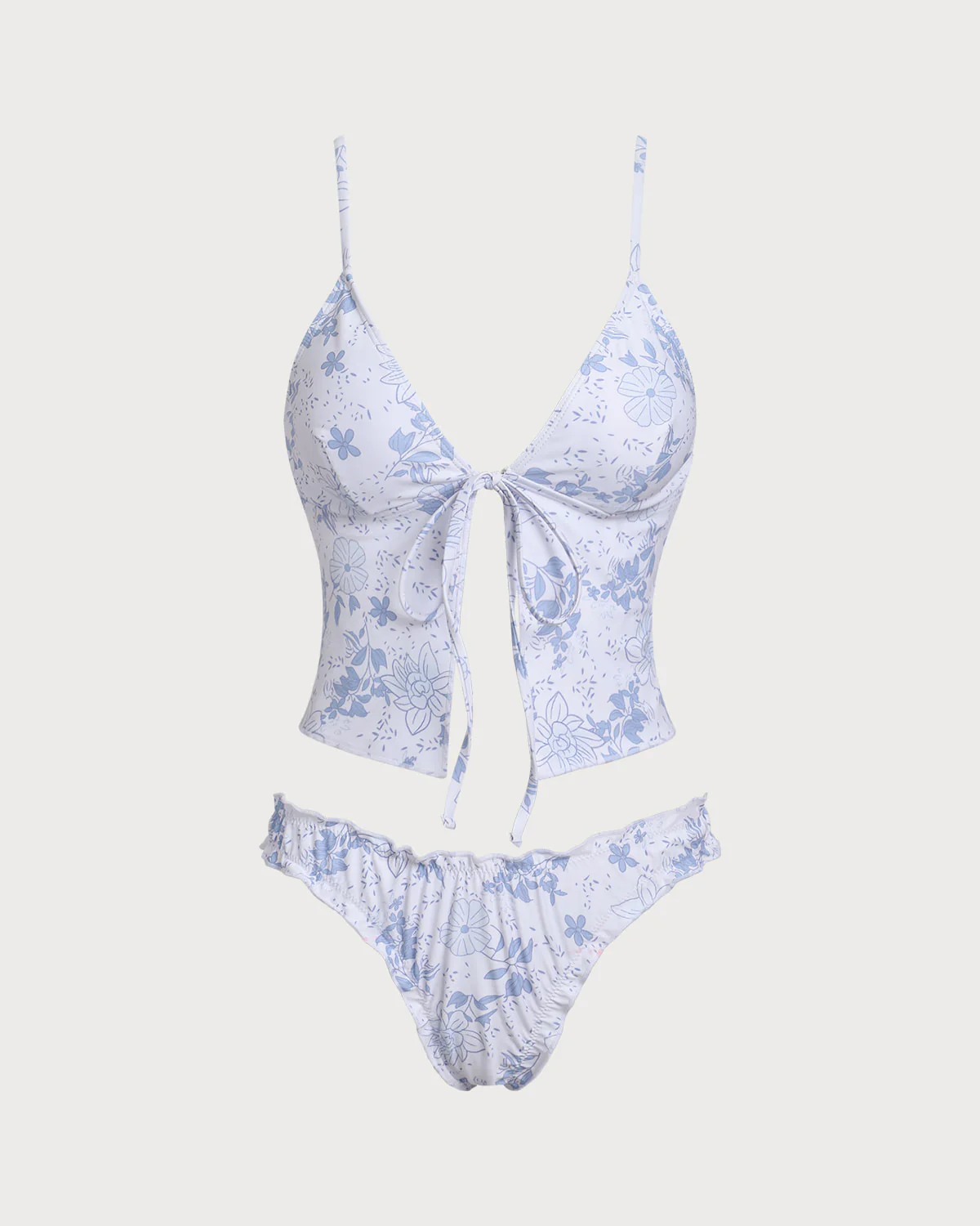 Blue Floral Tie Front Tankini Set - Image 2