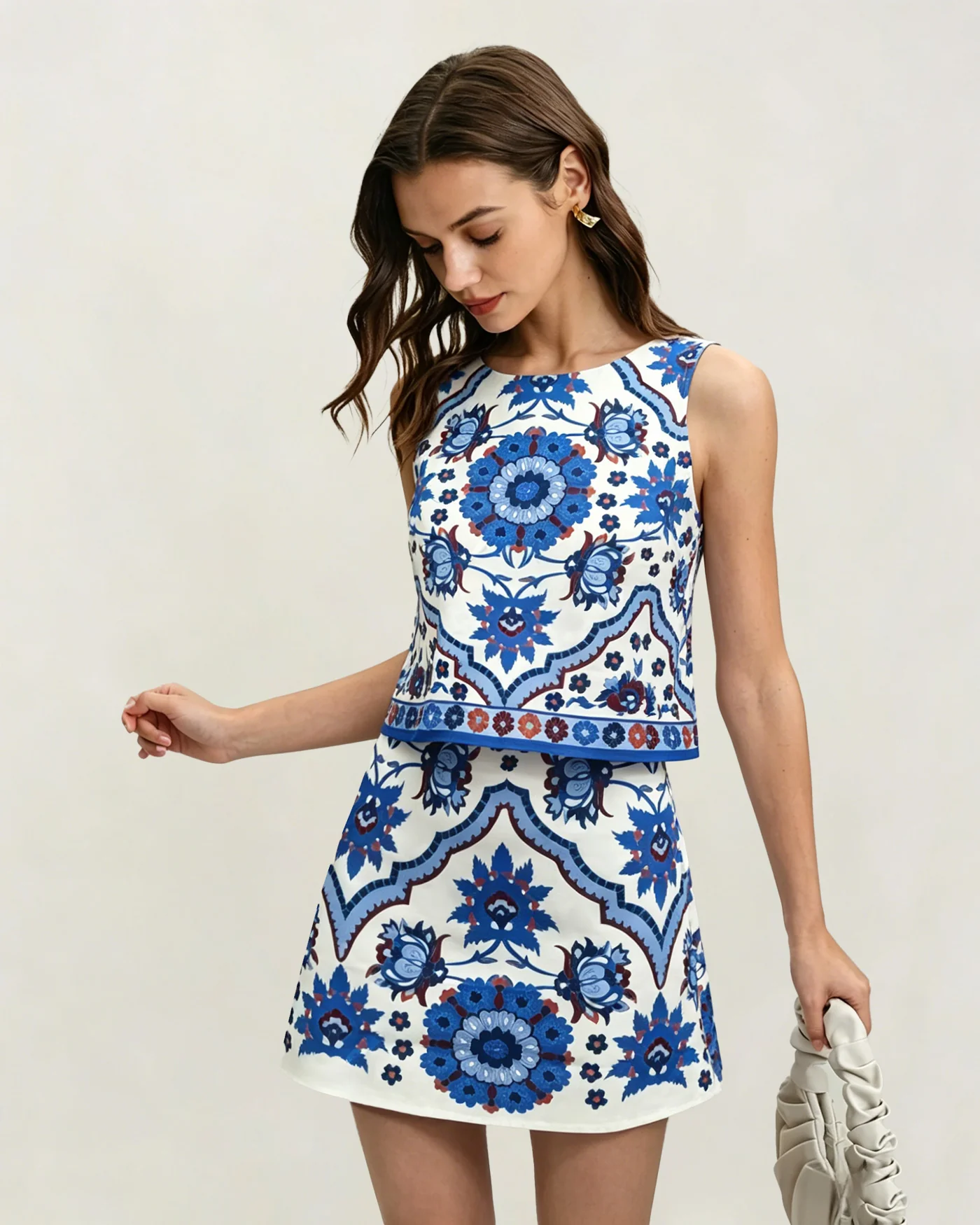 Blue Floral Two-Piece Skirt Set - Image 2