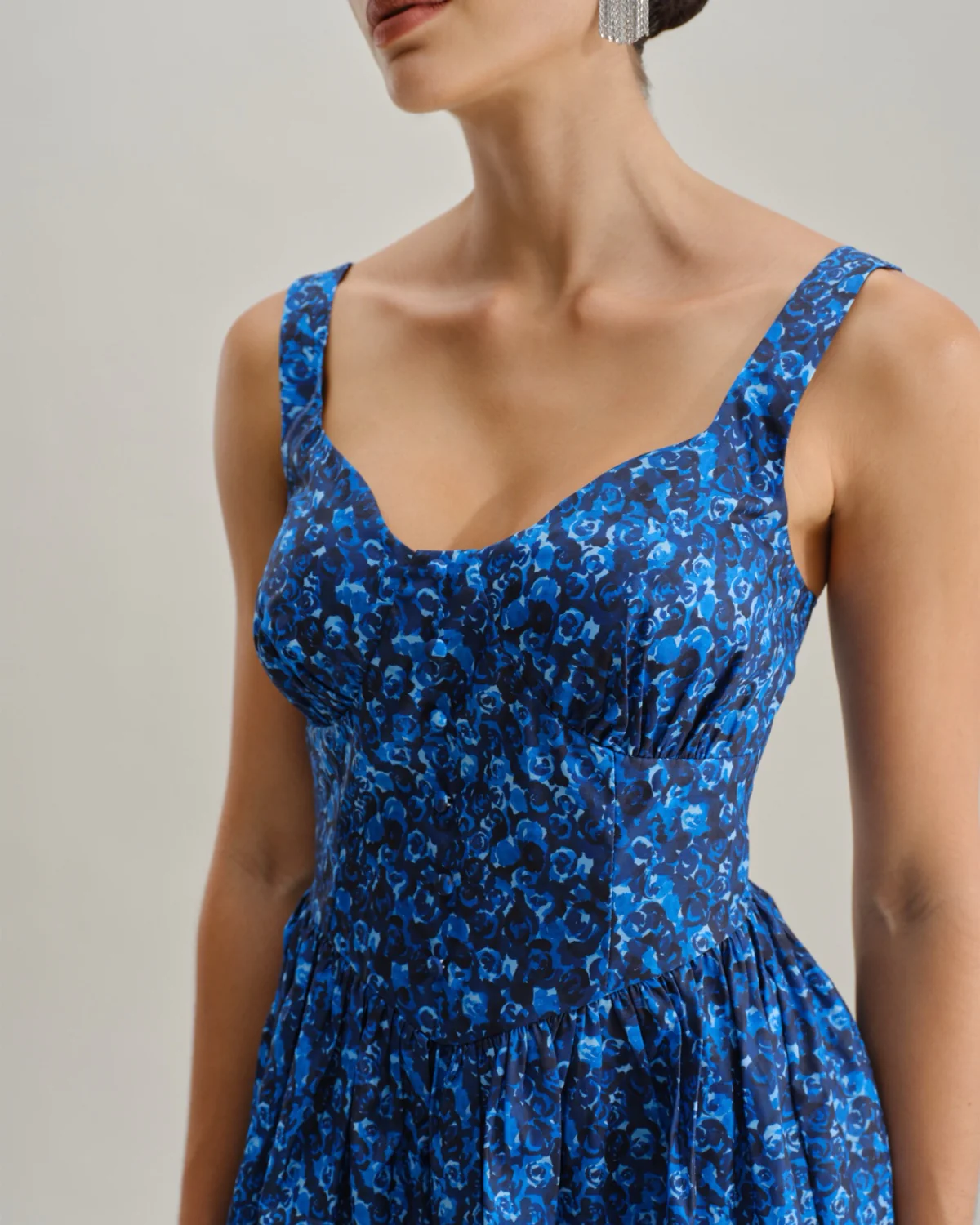 Blue Floral U-Neck Shirred Mini Dress - Image 3