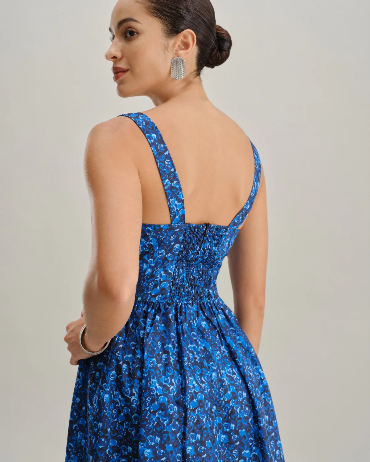 Blue Floral U-Neck Shirred Mini Dress - Image 4