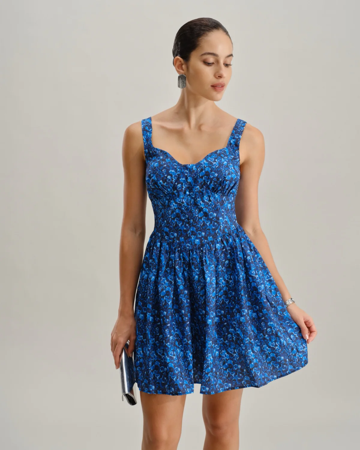 Blue Floral U-Neck Shirred Mini Dress - Image 5