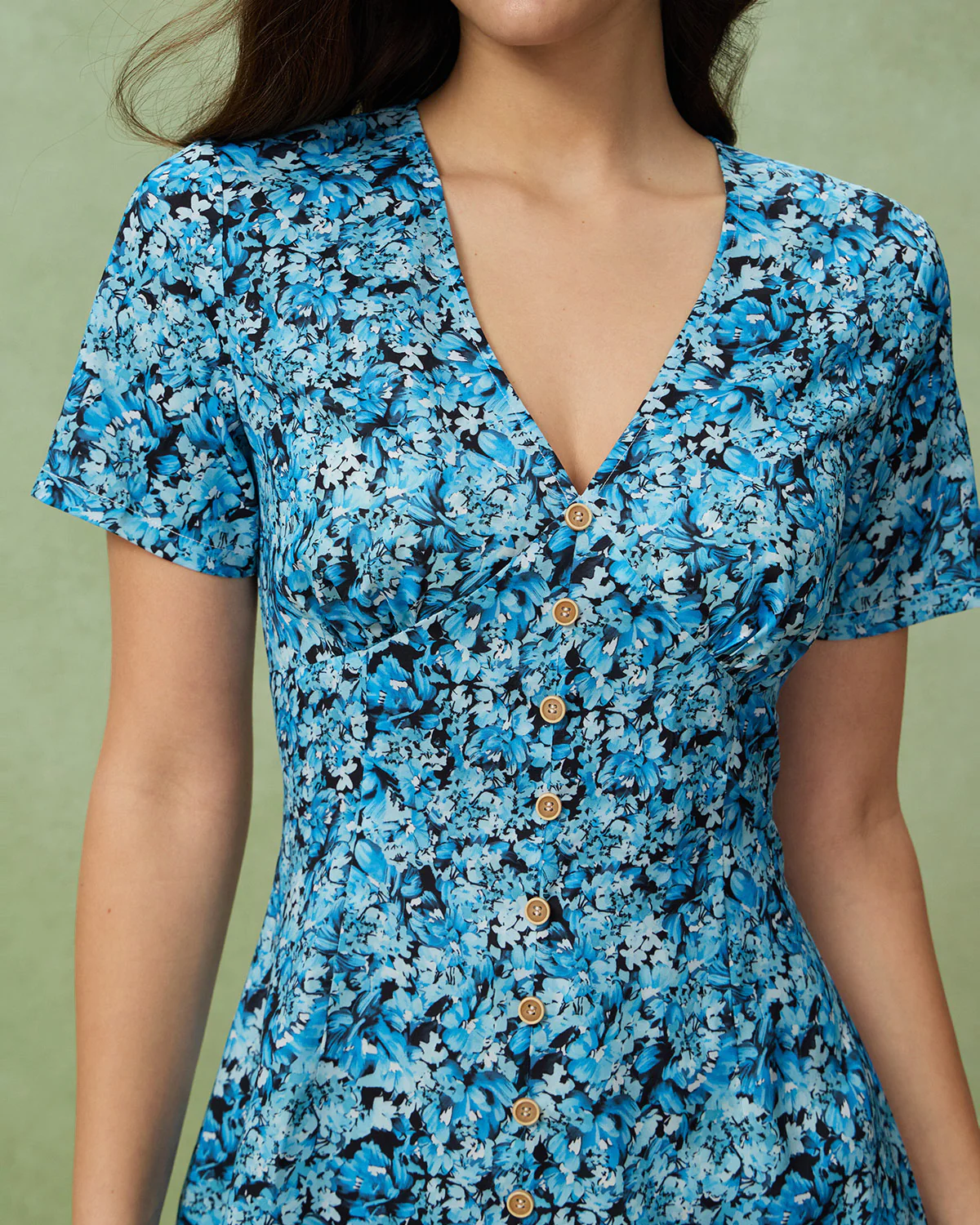 Blue Floral V-Neck Button Mini Dress - Image 2