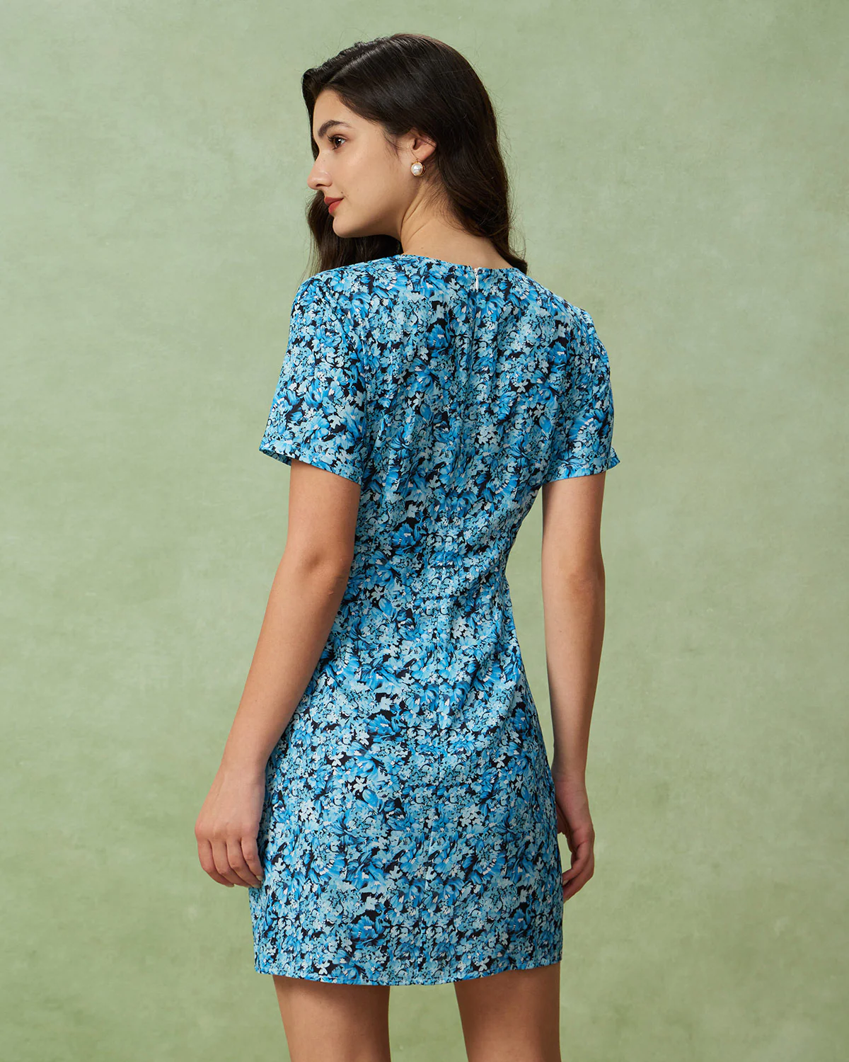 Blue Floral V-Neck Button Mini Dress - Image 4
