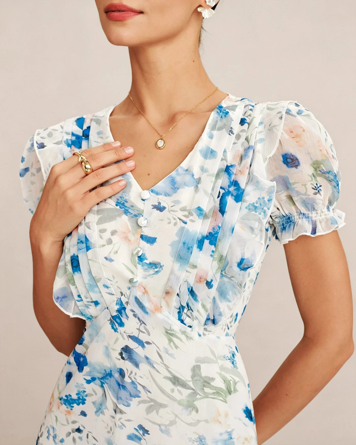 Blue Floral V Neck Shirred Midi Dress - Image 2