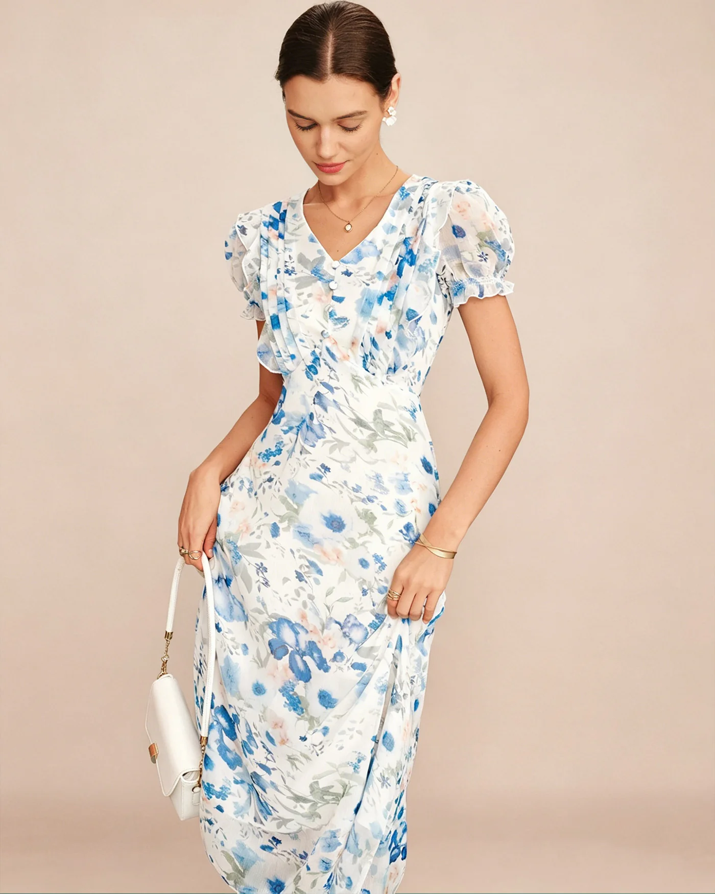 Blue Floral V Neck Shirred Midi Dress - Image 3