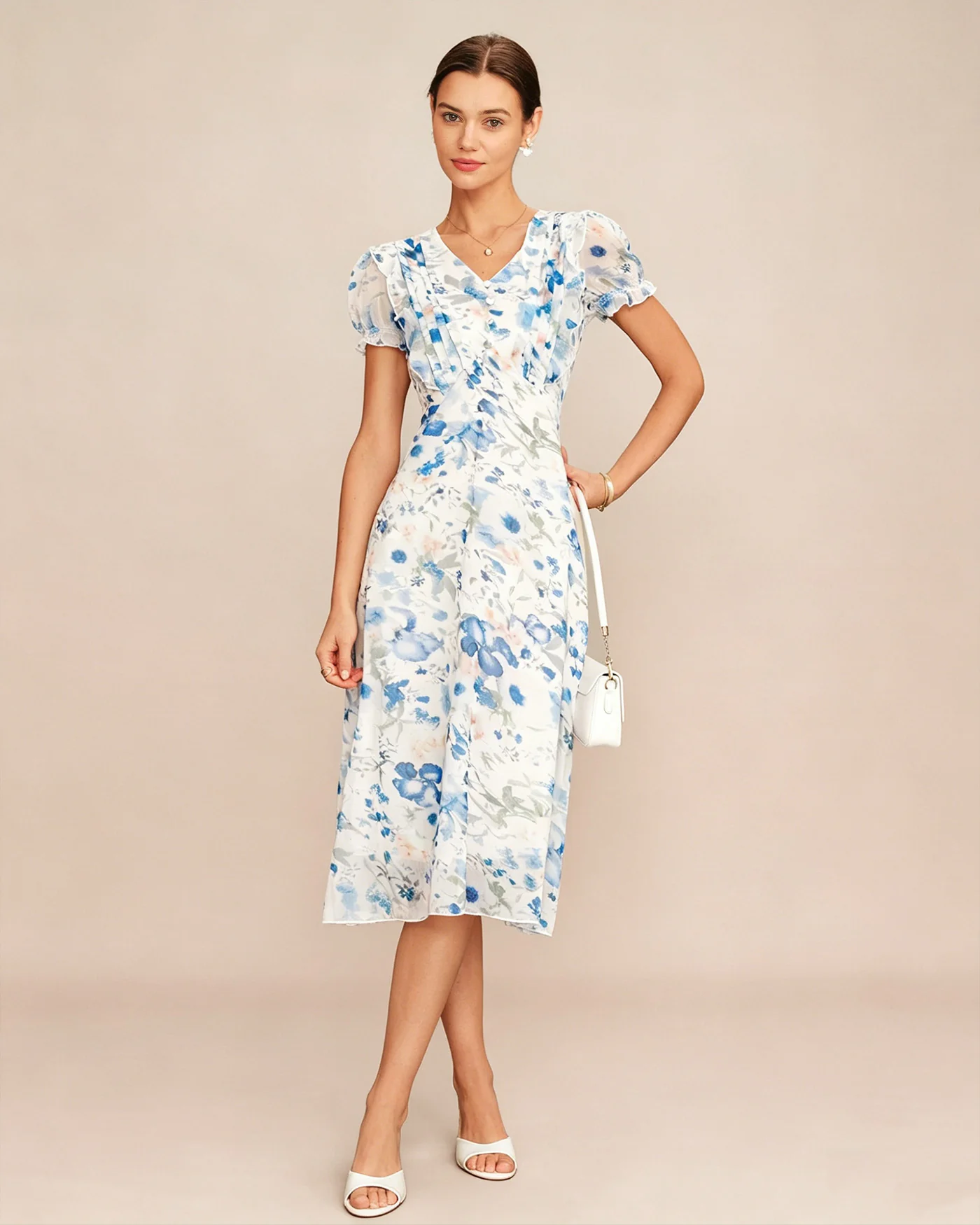 Blue Floral V Neck Shirred Midi Dress - Image 4