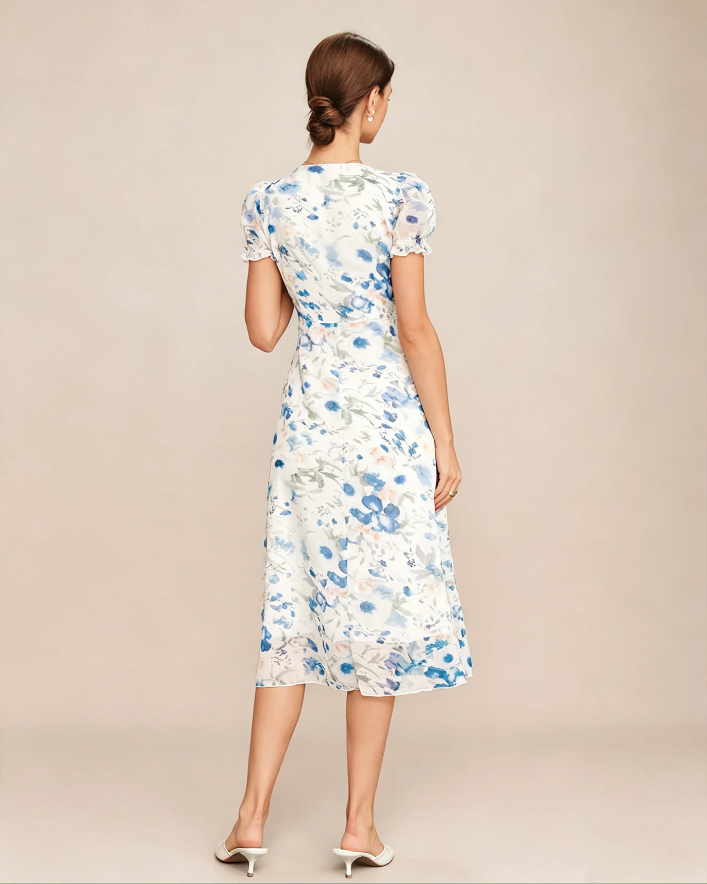 Blue Floral V Neck Shirred Midi Dress - Image 5