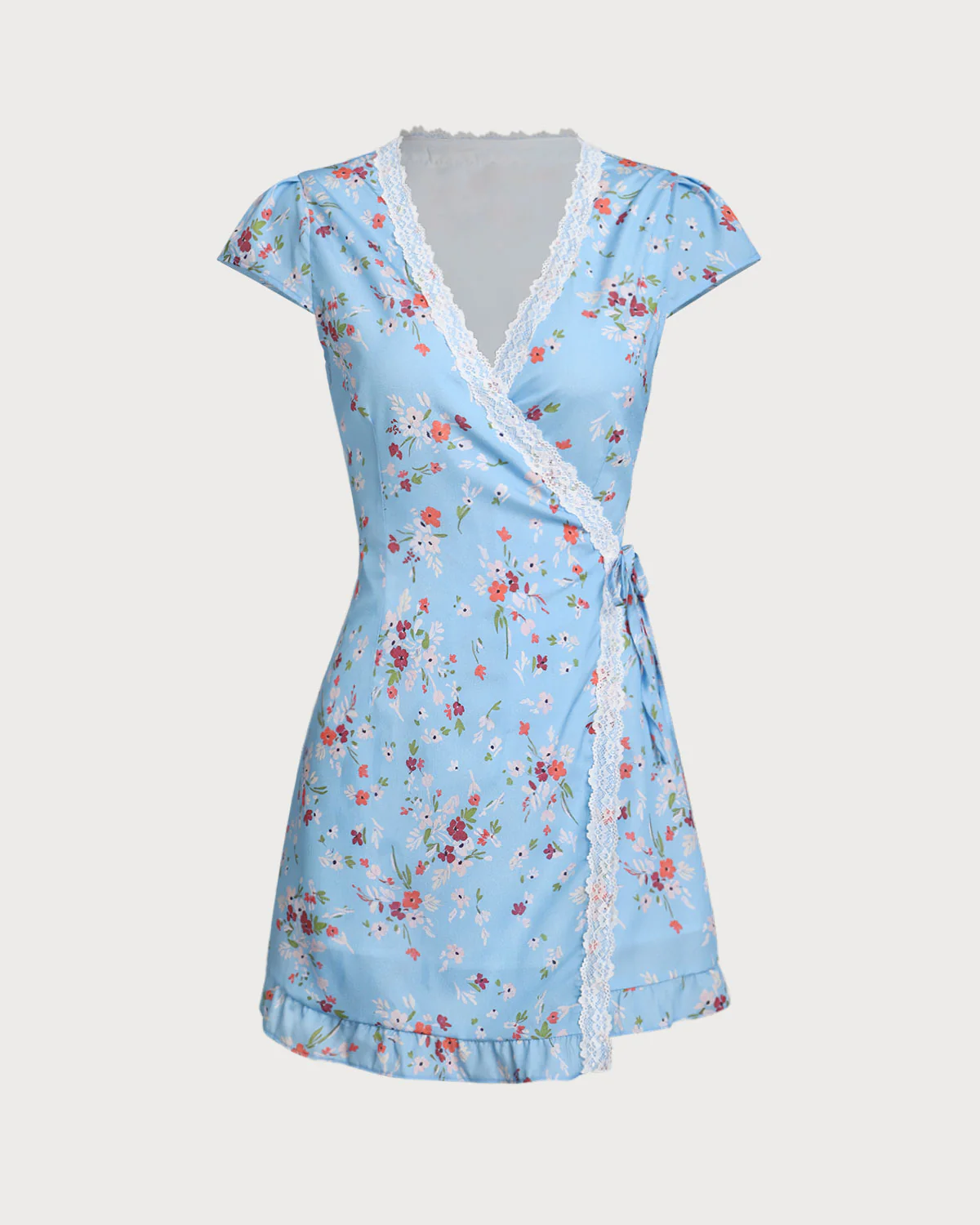 Blue Floral A-Line Wrap Mini Dress - Image 5