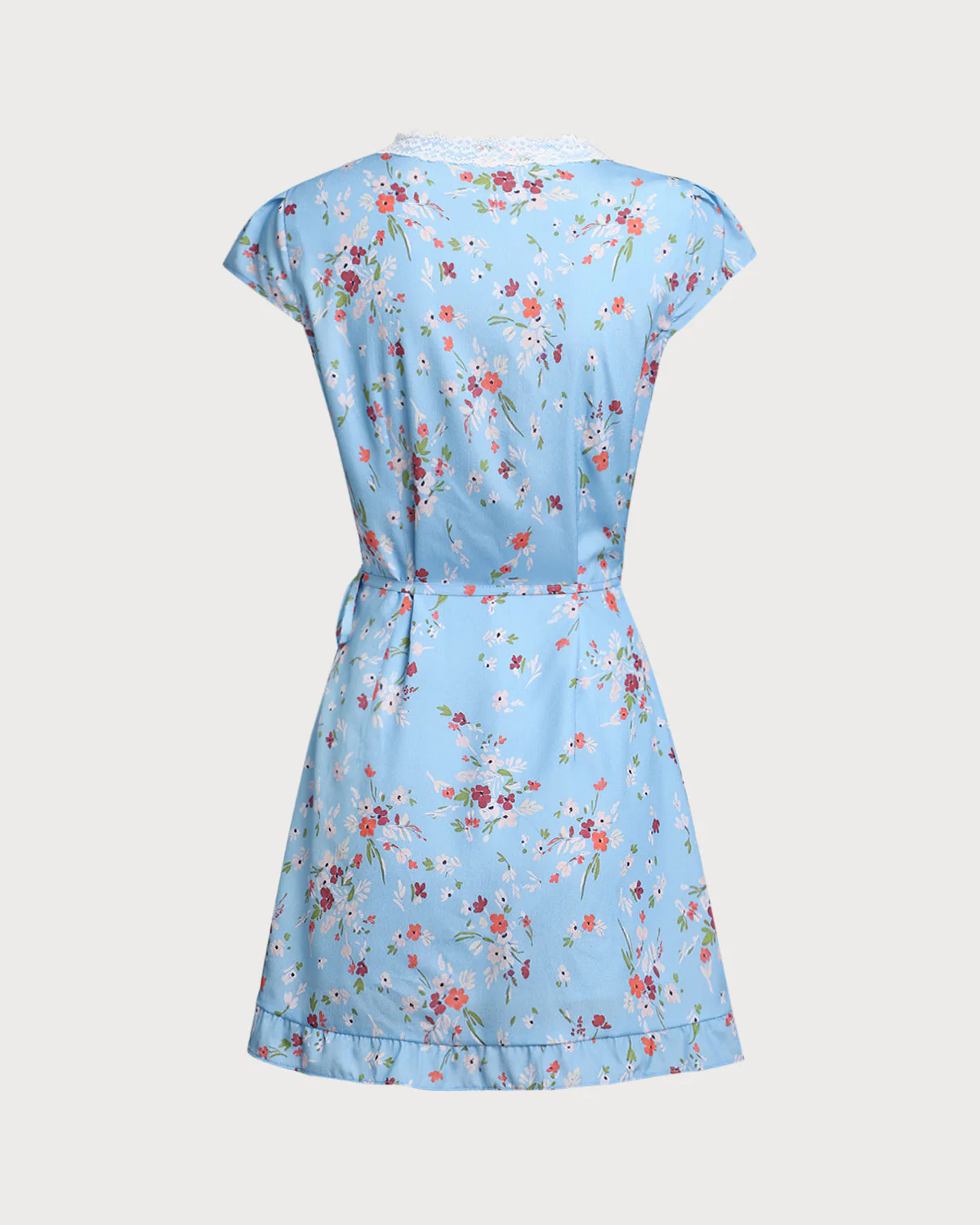 Blue Floral A-Line Wrap Mini Dress - Image 6