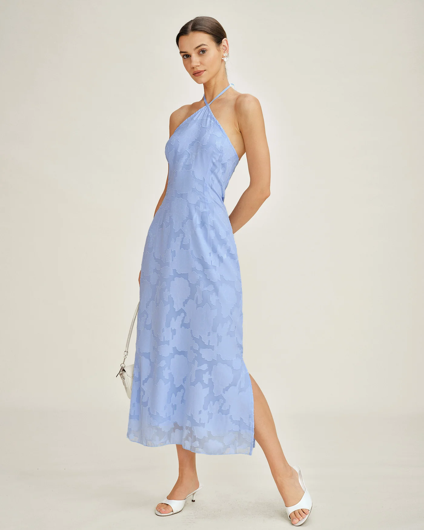 Blue Halter Jacquard Slip Maxi Dress - Image 3