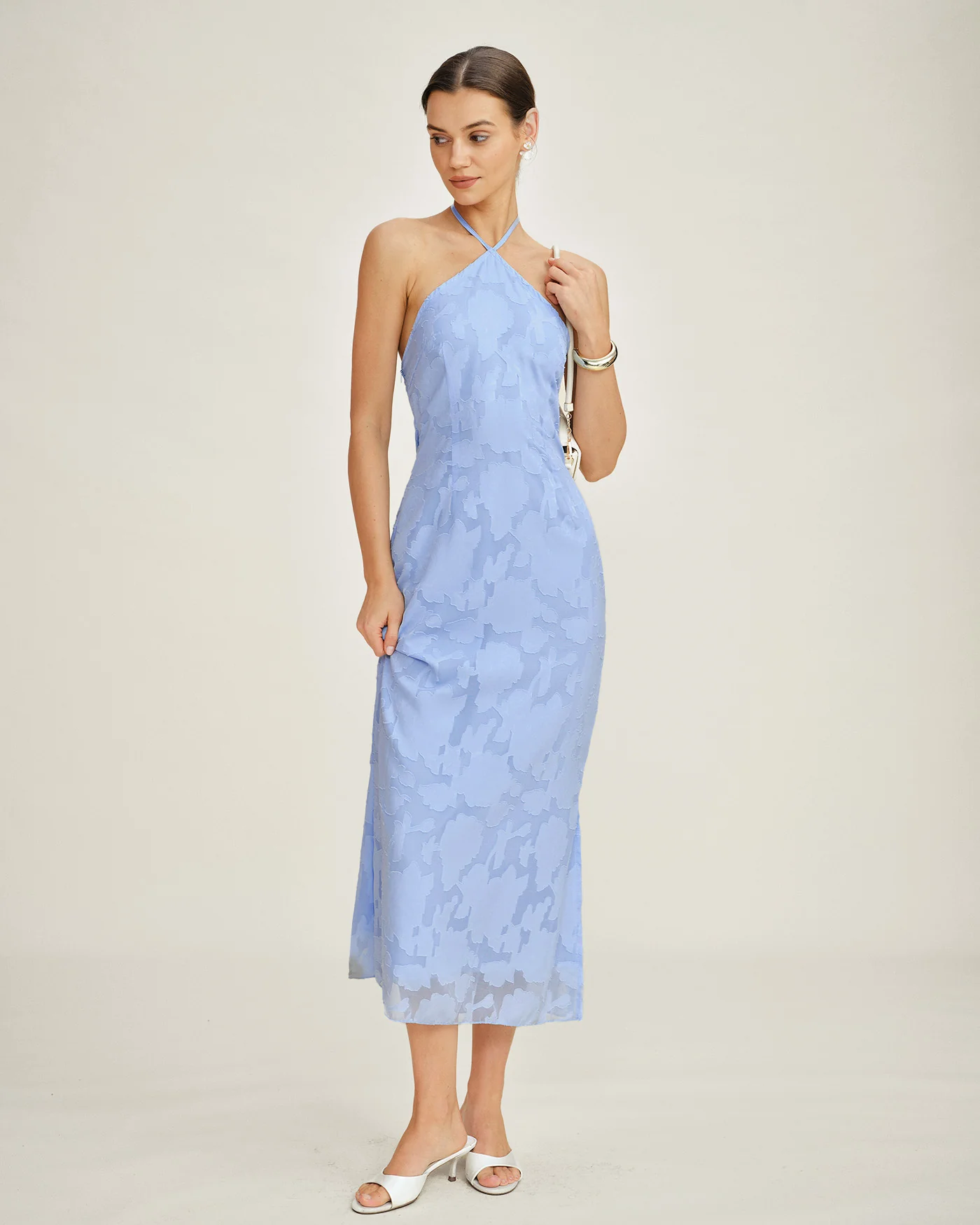Blue Halter Jacquard Slip Maxi Dress - Image 4