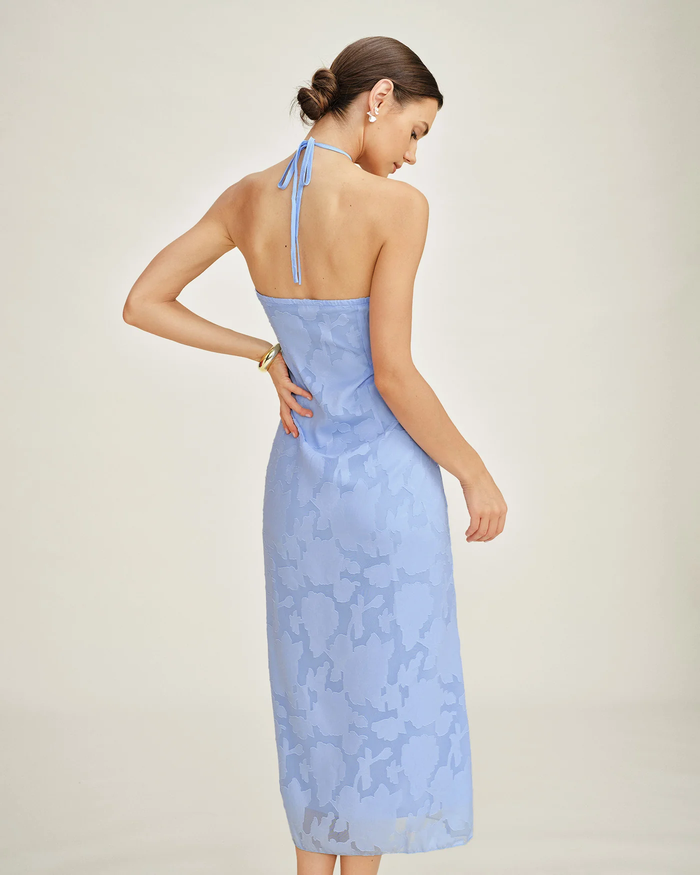 Blue Halter Jacquard Slip Maxi Dress - Image 5