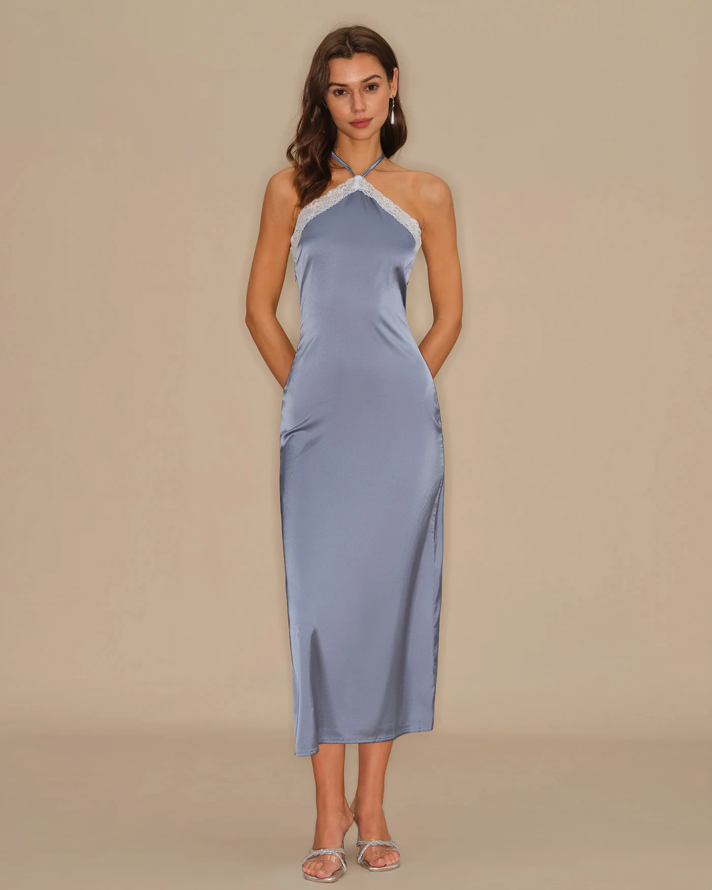 Blue Halter Lace Slip Midi Dress - Image 2