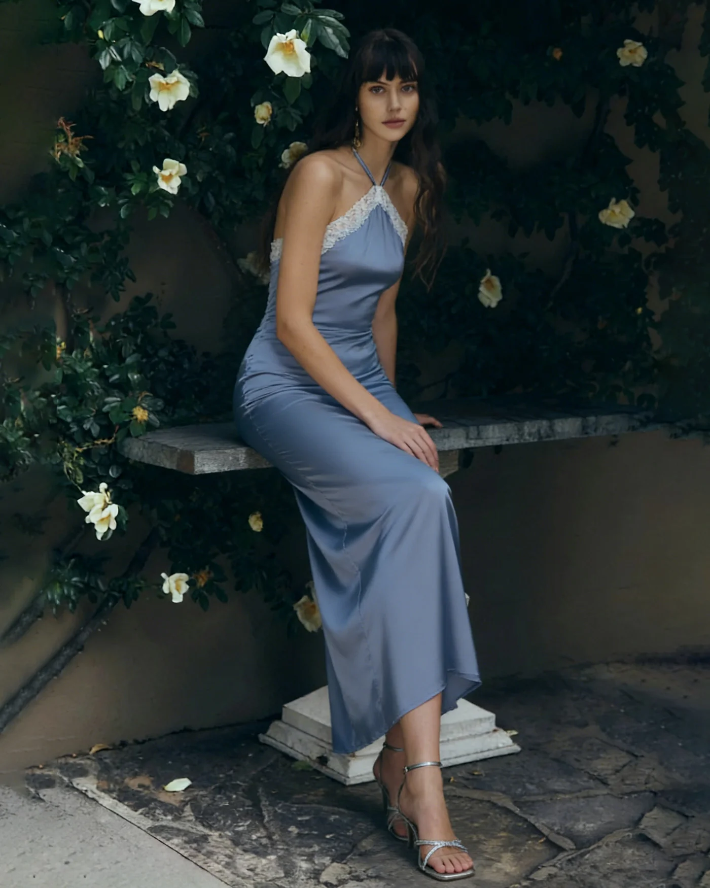 Blue Halter Lace Slip Midi Dress - Image 3
