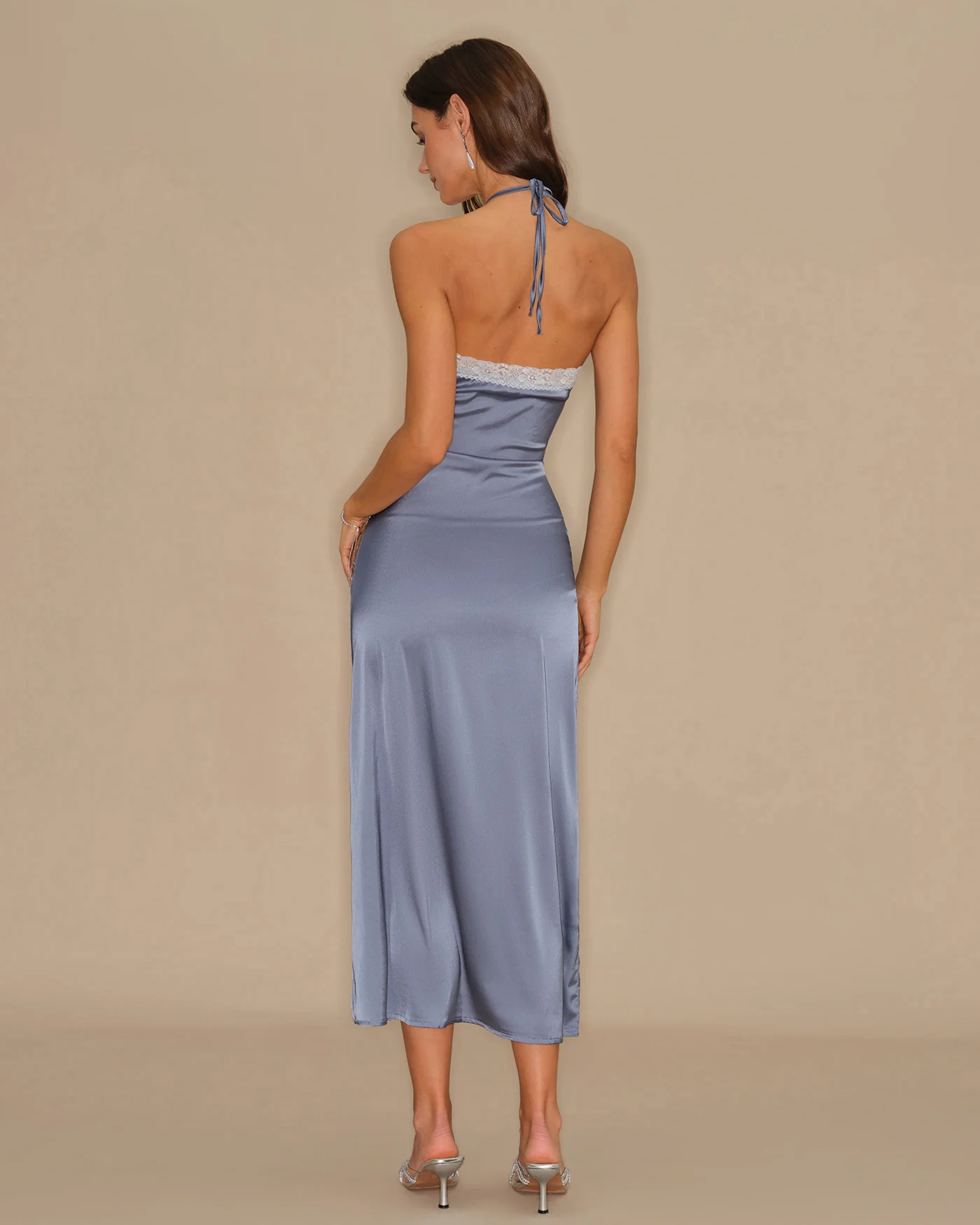 Blue Halter Lace Slip Midi Dress - Image 6