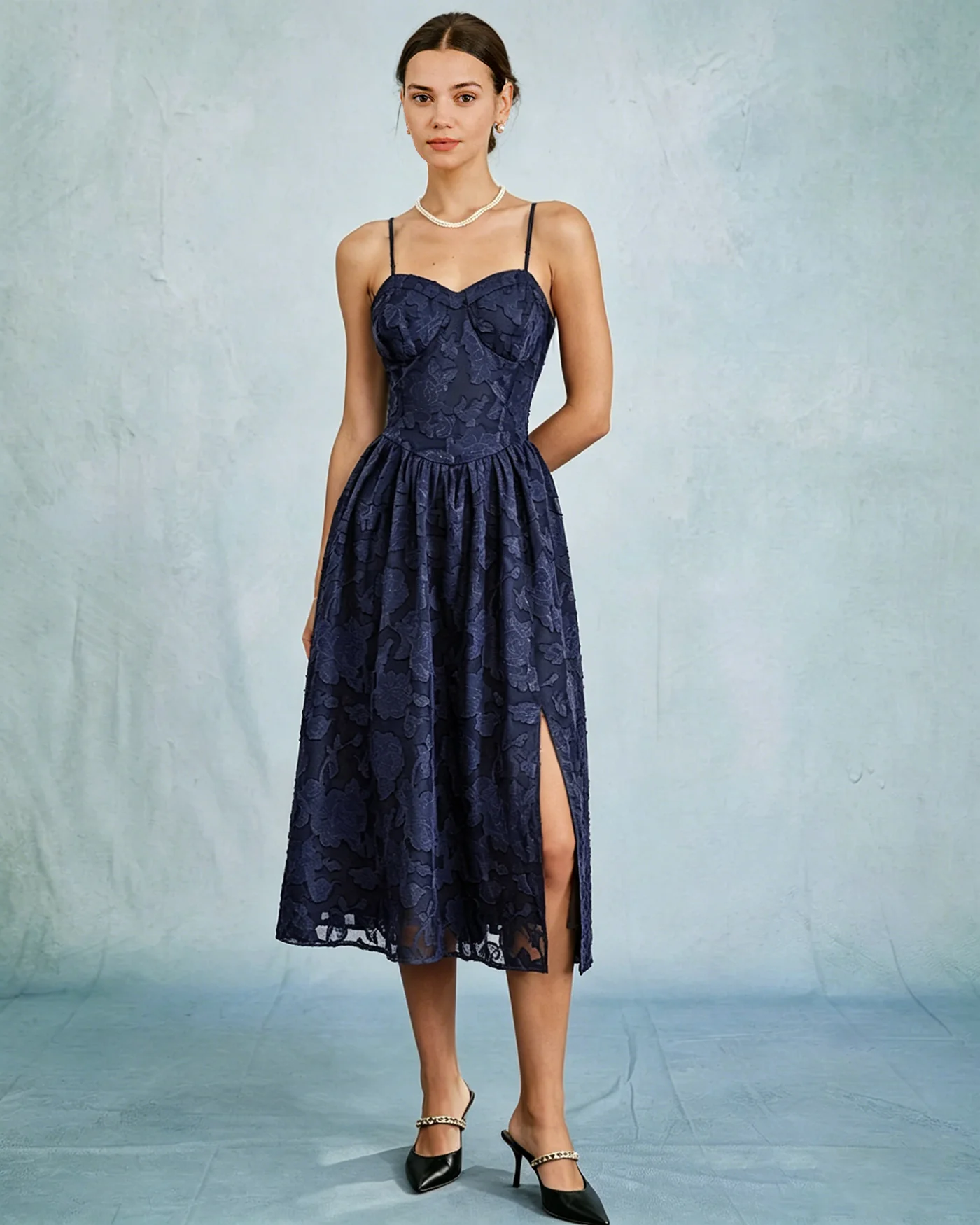 Blue Jacquard A-Line Slip Midi Dress - Image 2