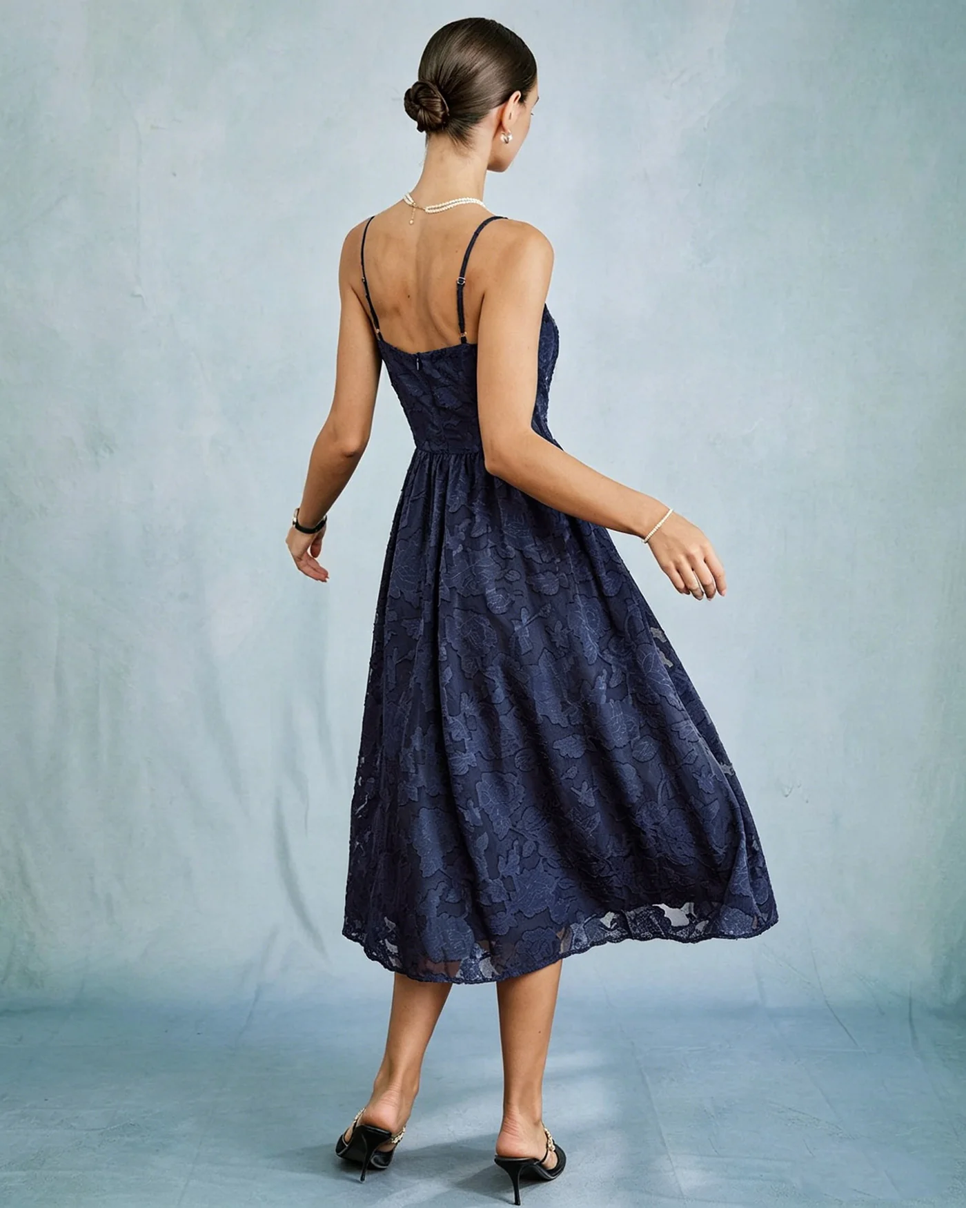 Blue Jacquard A-Line Slip Midi Dress - Image 4