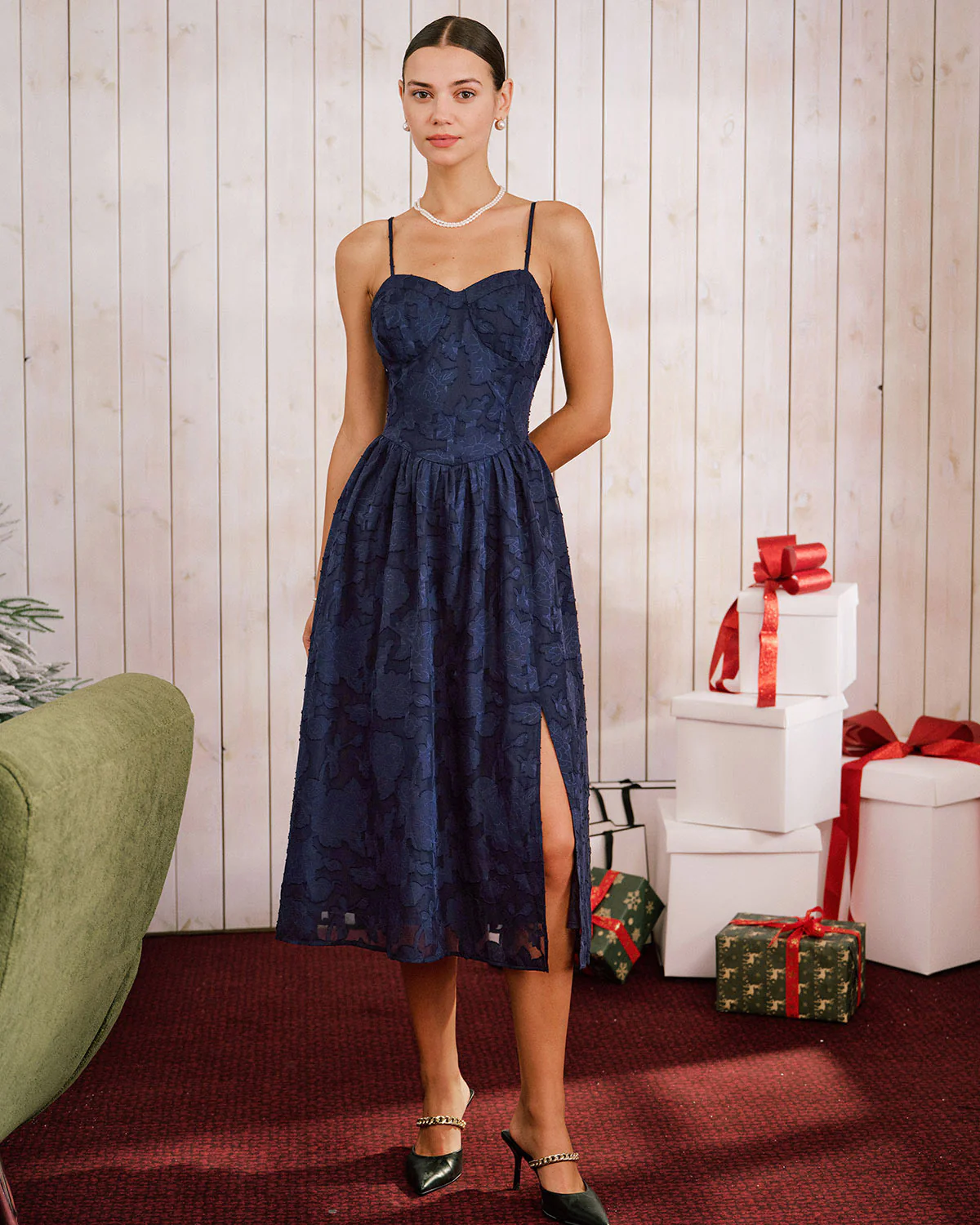 Blue Jacquard A-Line Slip Midi Dress - Image 5